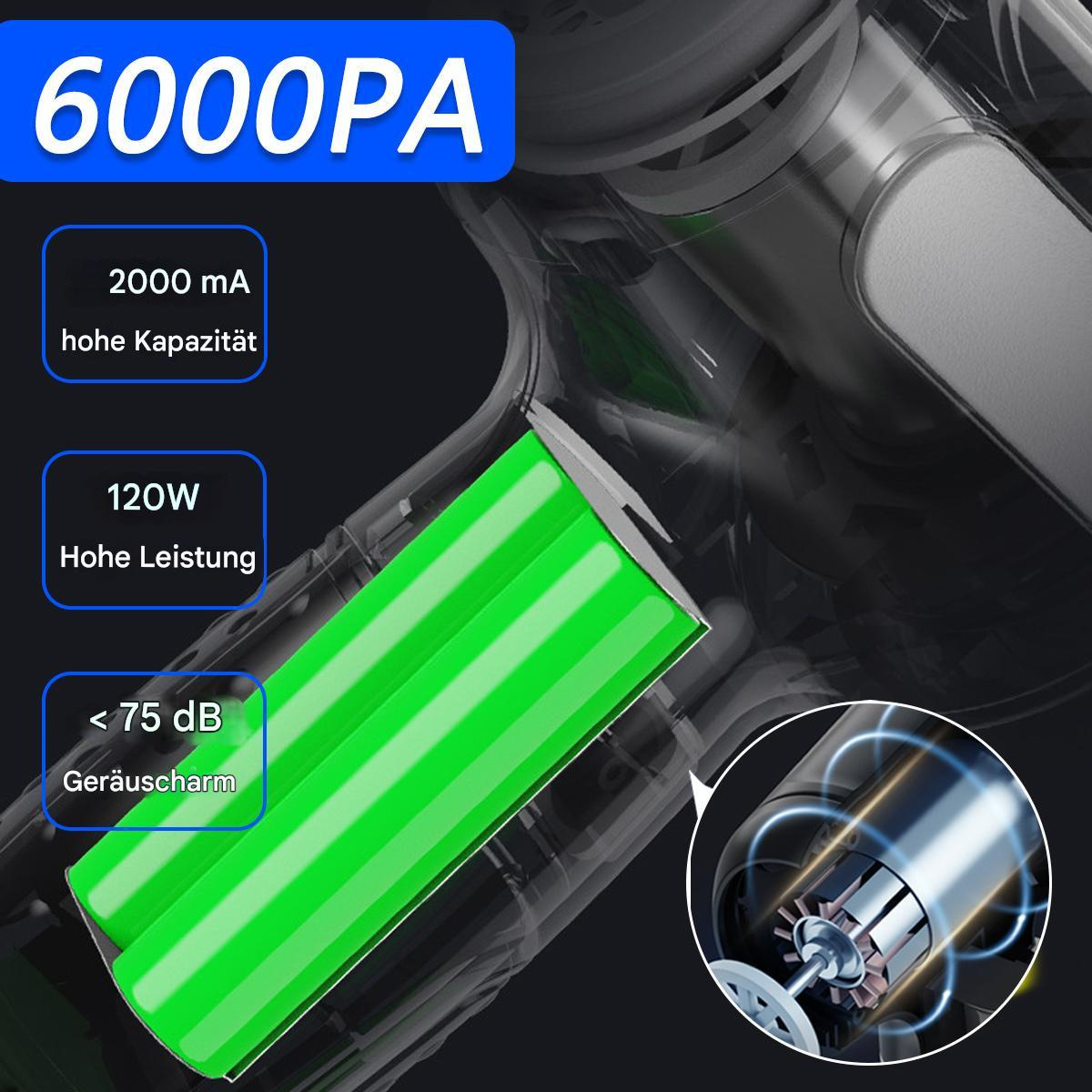 Nahaufnahme, die Staubsaugerfunktionen zeigt: 6000PA Saugkraft, 2000mA Batterie, 120W Leistung und weniger als 75dB Geräusch.