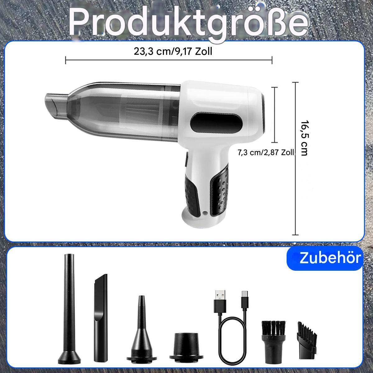 Bild, das Produktabmessungen und Zubehör eines weißen Handstaubsaugers zeigt.
