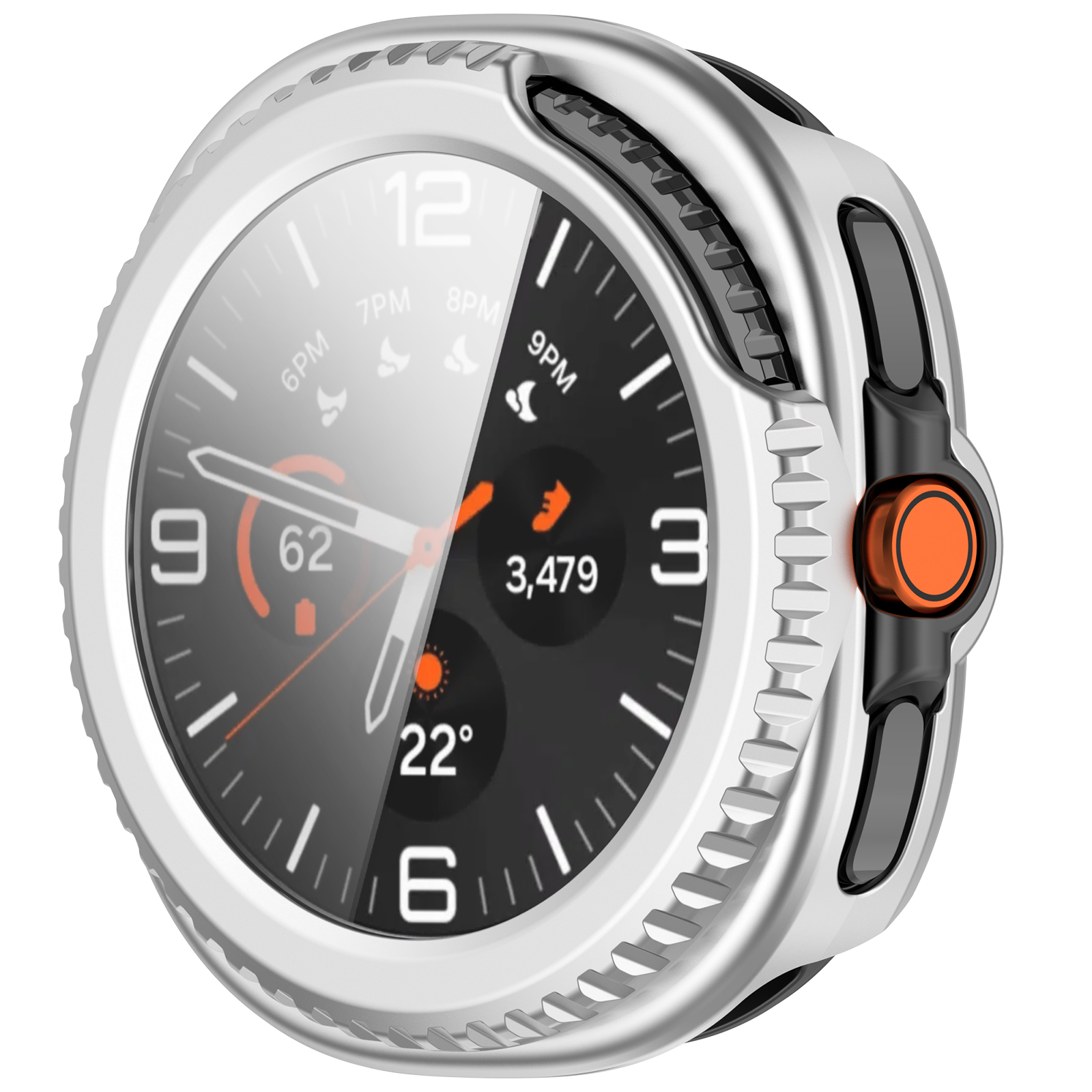 Lunetta argentata dell'orologio su un quadrante nero. Sfondo bianco.