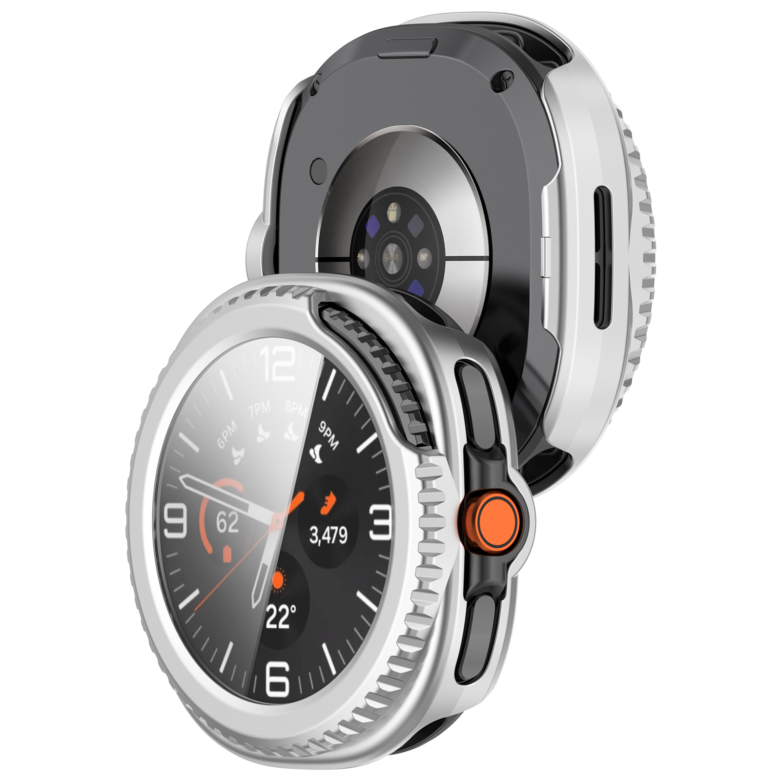 Orologio argentato con cassa, display digitale mostra l'ora e altri dettagli.