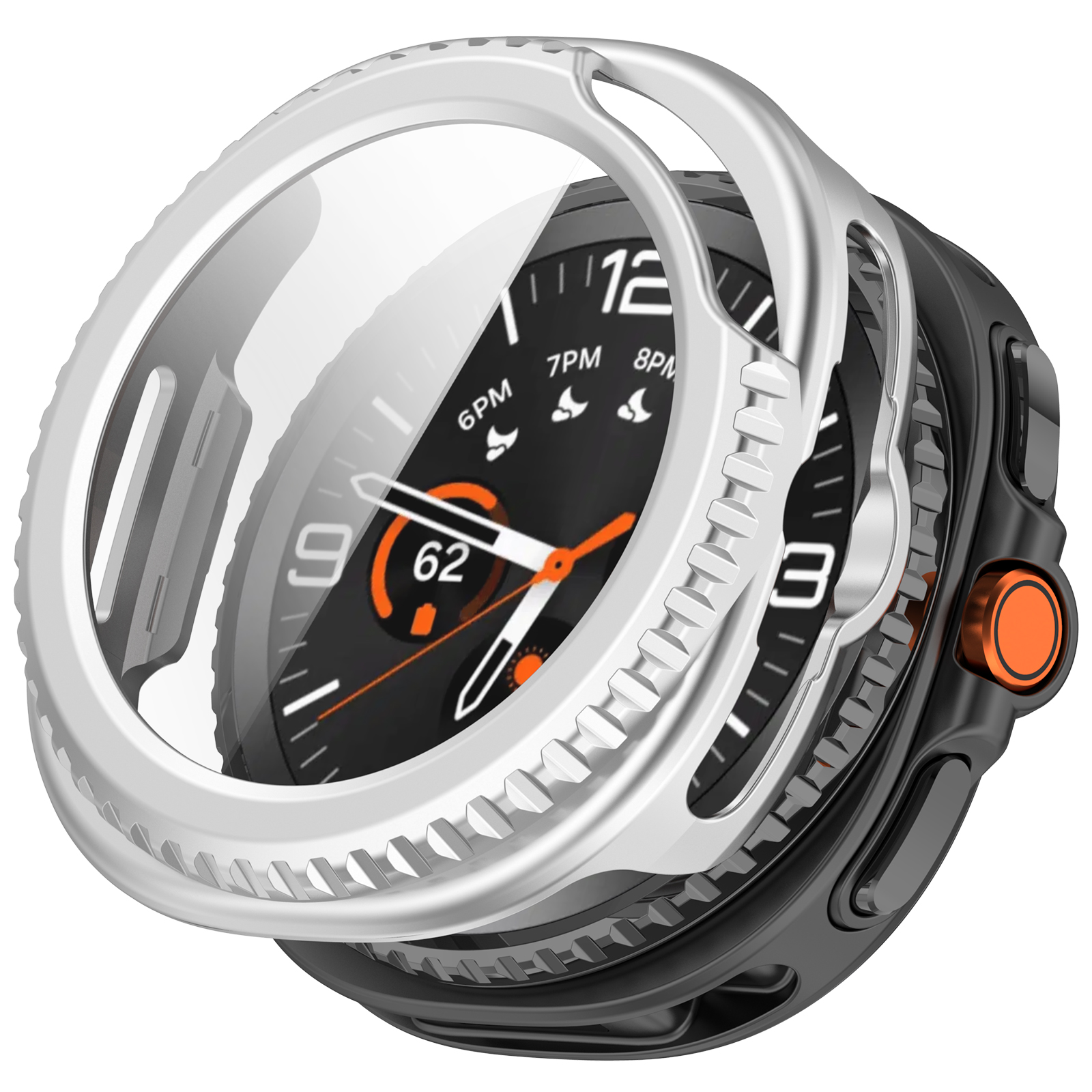 Lunetta argentata dell'orologio su orologio nero. Sfondo bianco.