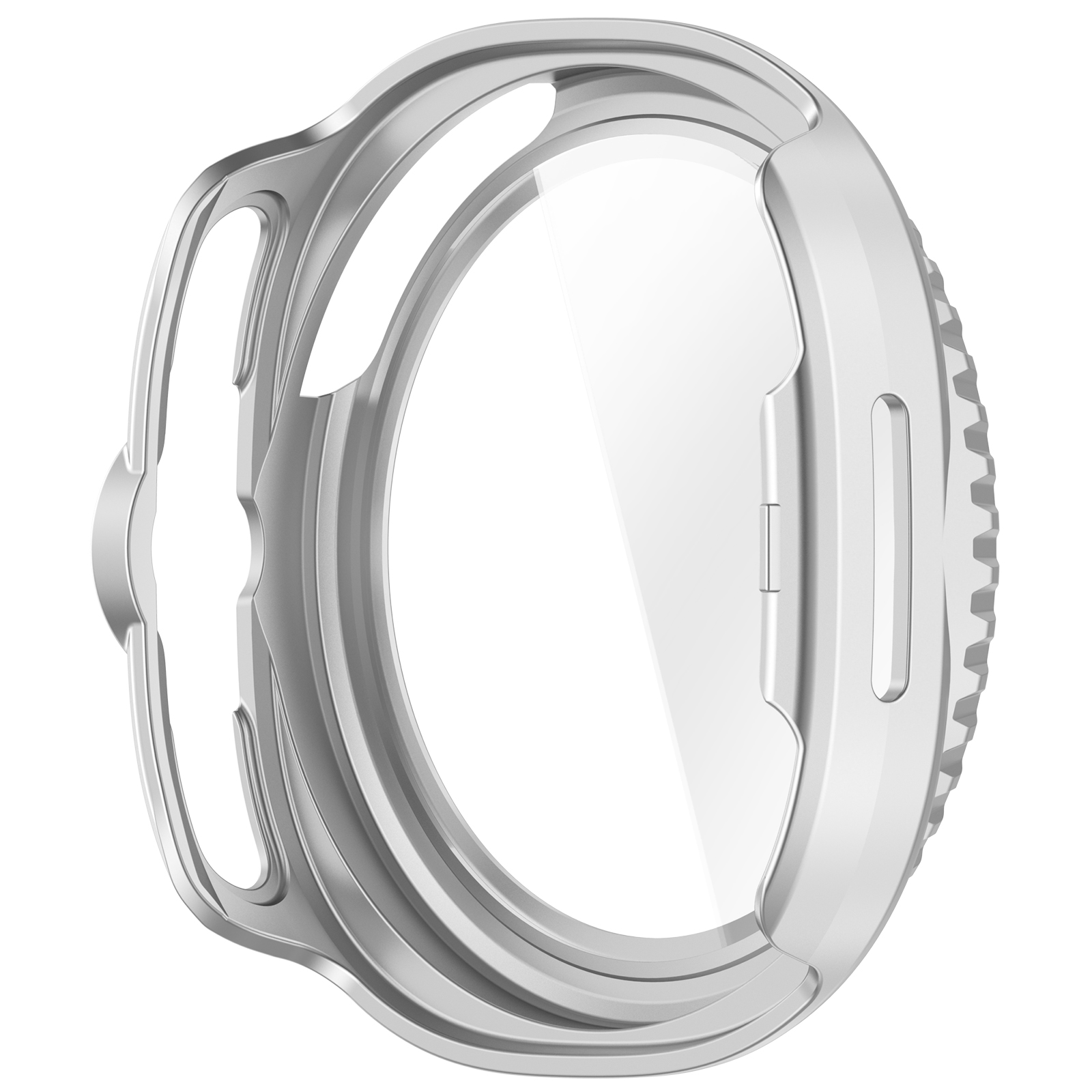 Protezione schermo per orologio argentata. La protezione è circolare. Sfondo bianco.