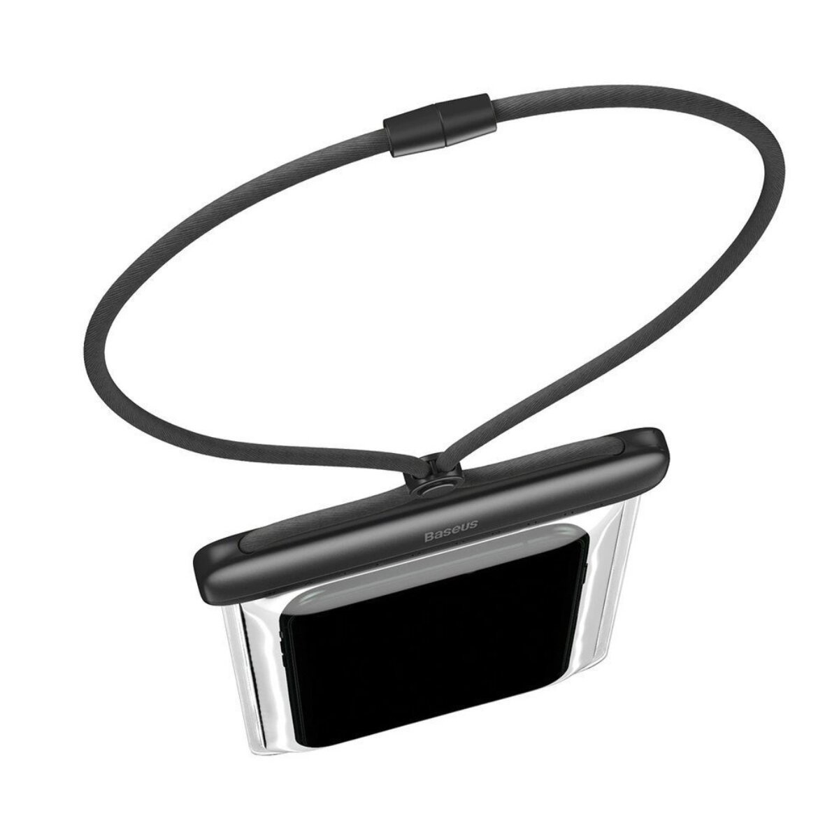 Schwarze wasserdichte Handyhülle mit schwarzem Umhängeband. Die Hülle hat eine transparente Vorderseite. Weißer Hintergrund.
