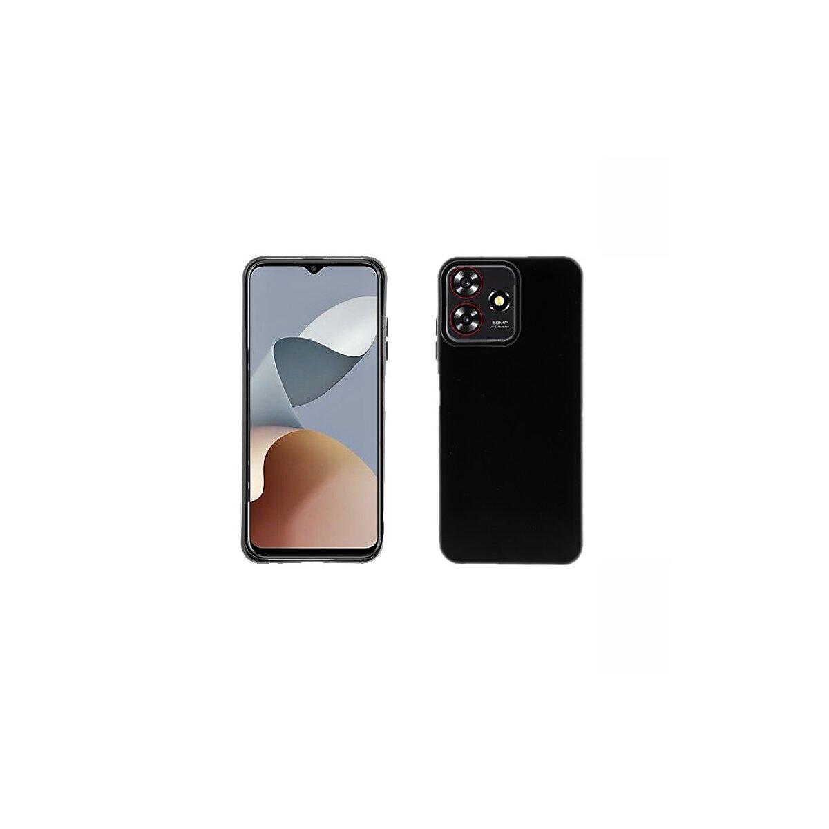 Ein Smartphone mit schwarzer Hülle, neben dem Telefonbildschirm. Die Handyhülle hat einen Kameraausschnitt. Weißer Hintergrund.