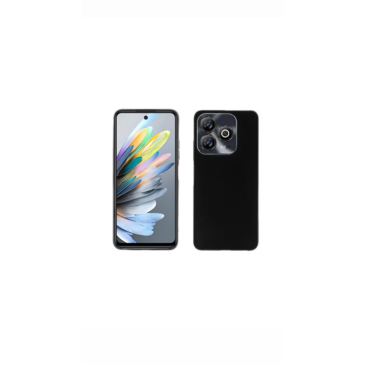 Ein Telefon und eine Handyhülle liegen nebeneinander. Das Telefon zeigt einen Bildschirm und die Hülle ist schwarz.
