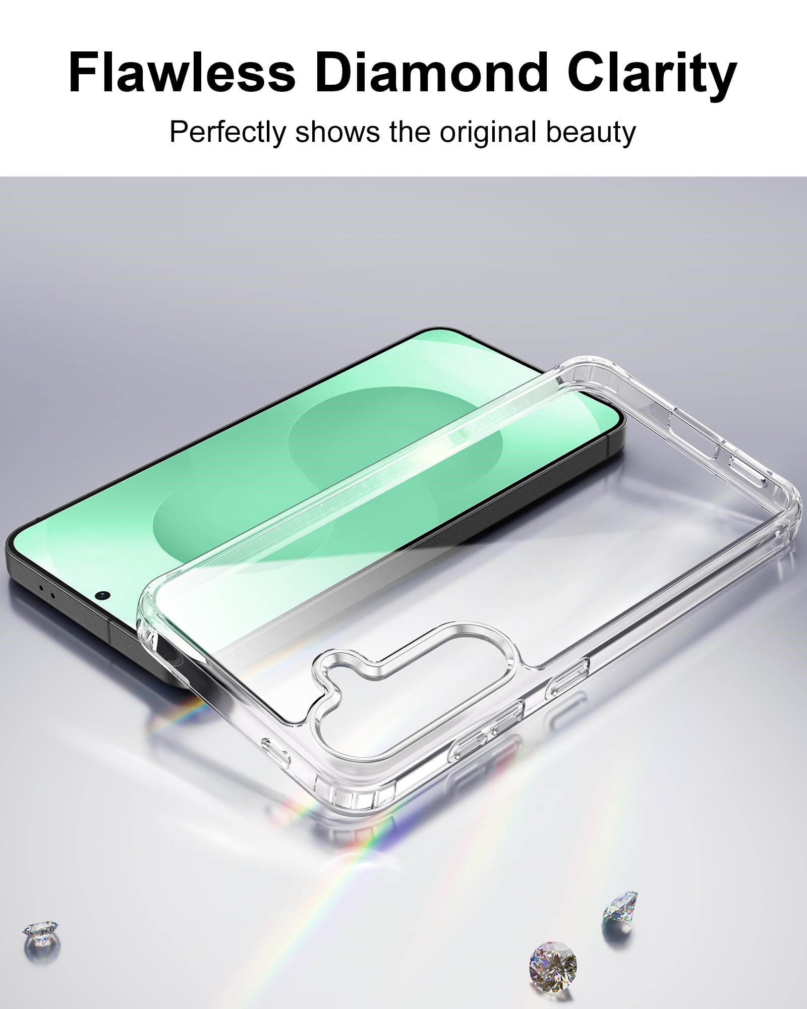 Ein Telefon mit einer transparenten Hülle auf einer reflektierenden Oberfläche mit Diamanten.