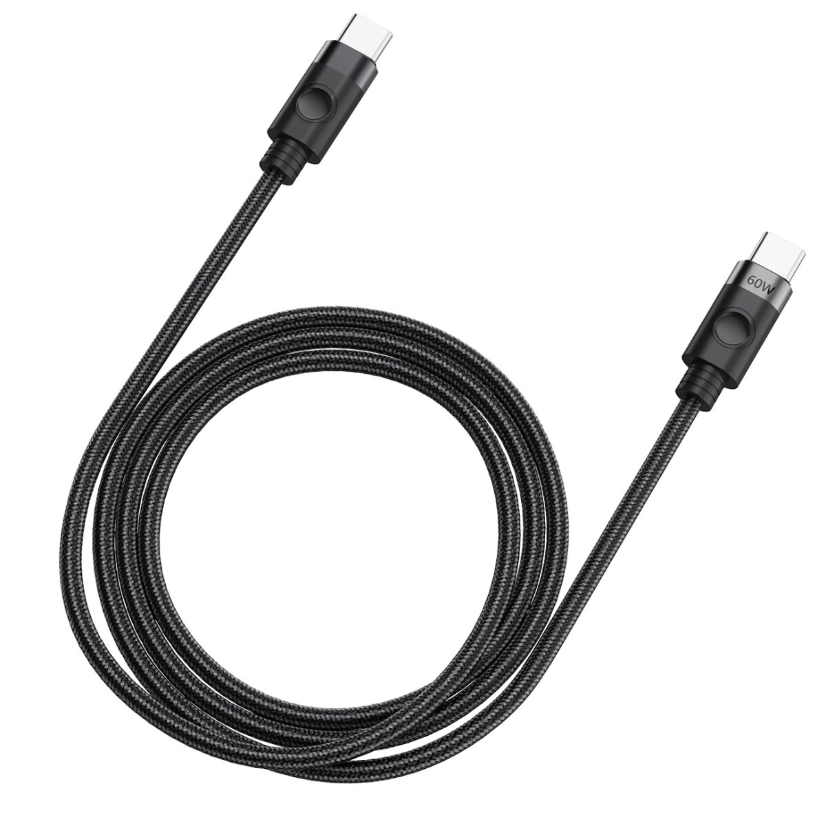 Ein schwarzes, strukturiertes USB-C-Ladekabel mit Anschlüssen an jedem Ende, vor weißem Hintergrund.