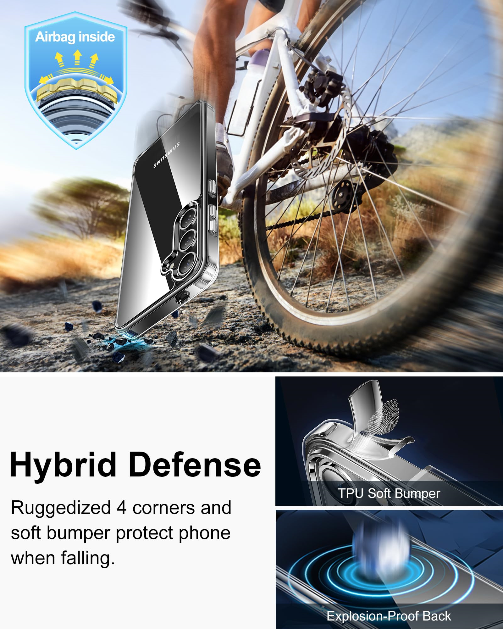 Eine Handyhülle mit einem Telefon und eine Person, die im Hintergrund Fahrrad fährt. Text bezieht sich auf Hybrid-Verteidigung.
