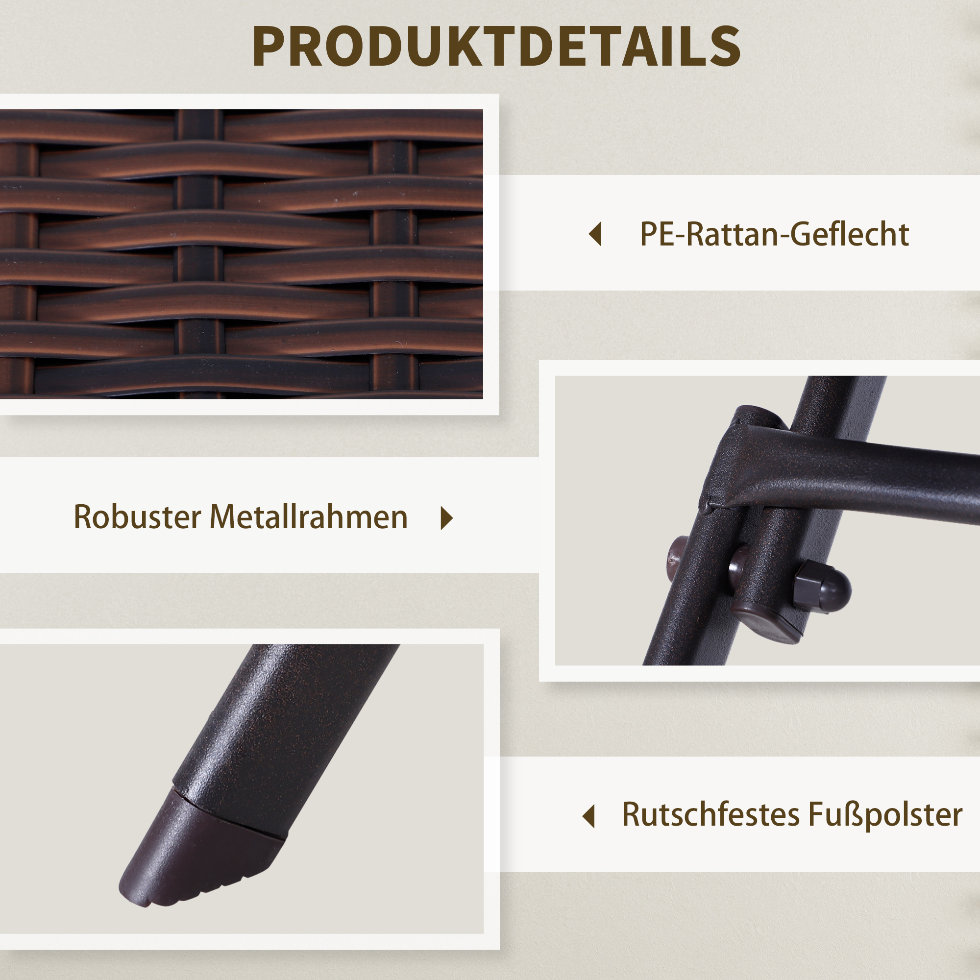 Bild mit Details von Rattangeflecht, Metallrahmen und Fußpolstern.