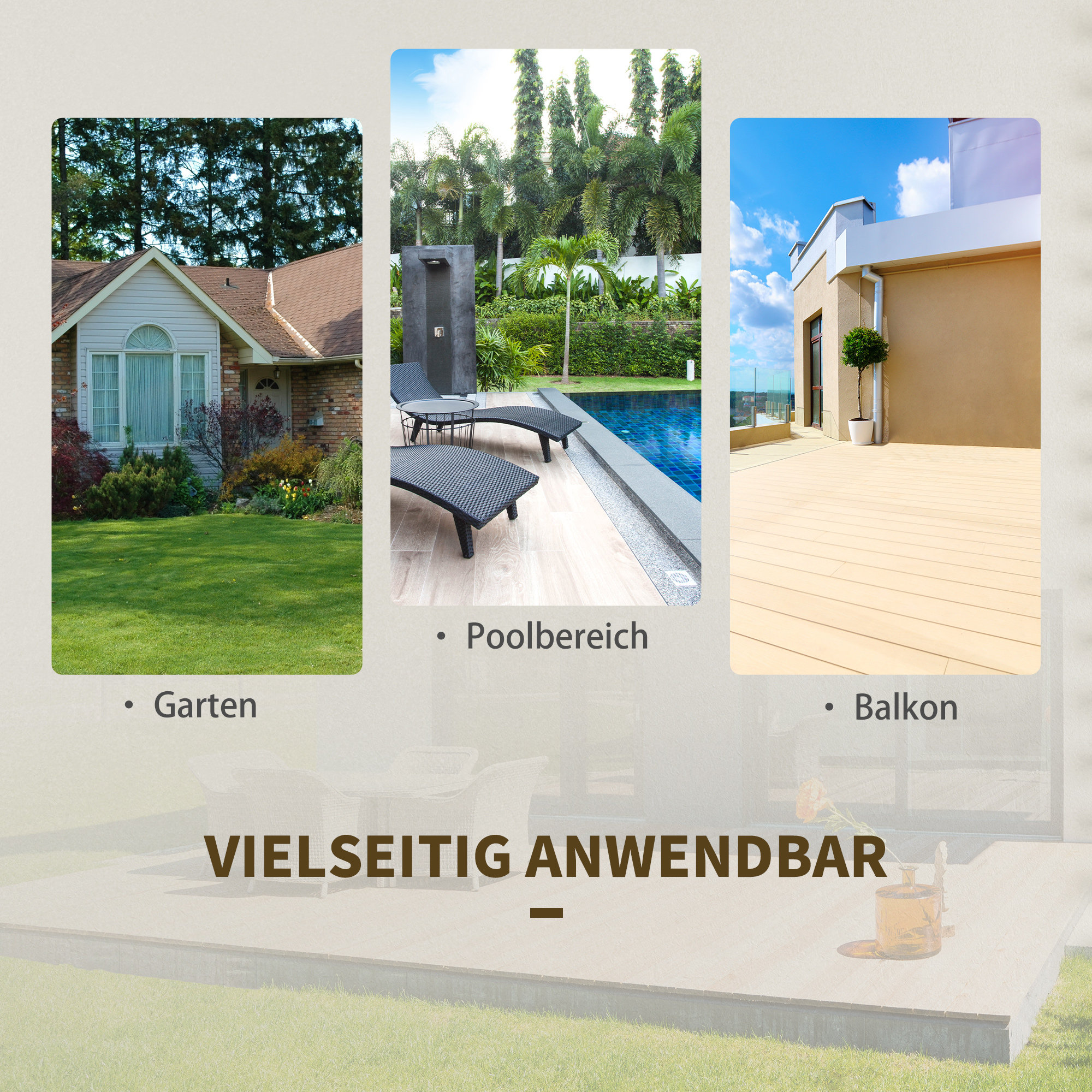 Drei Fotos: ein Haus, ein Poolbereich und ein Balkon. Text zeigt Garten, Poolbereich und Balkon.