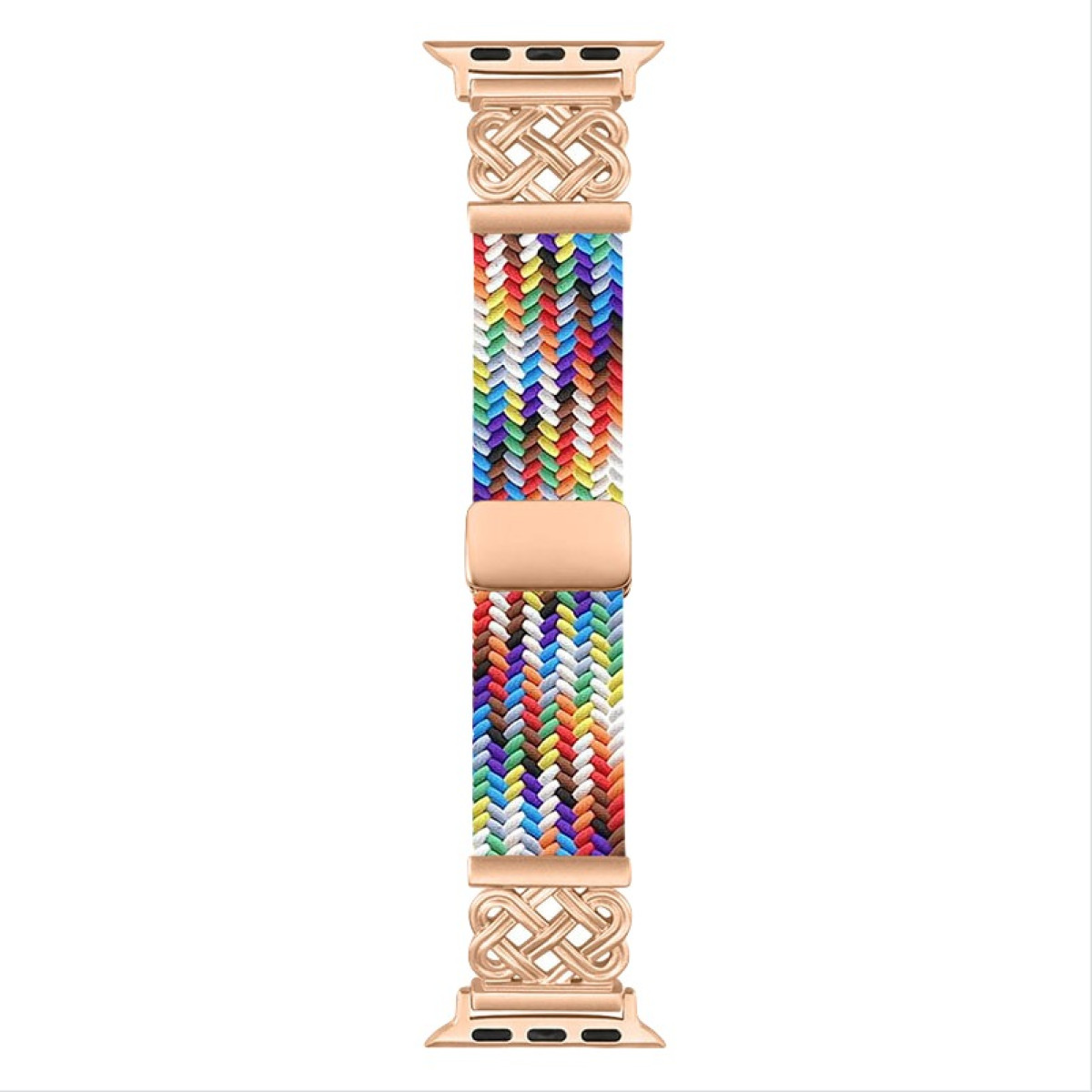 Un cinturino intrecciato per Apple Watch. È color oro rosa con un motivo multicolore a strisce verticali.