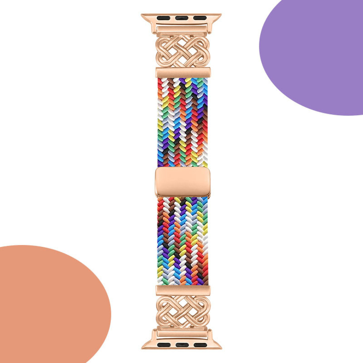 Cinturino Apple Watch con design intrecciato colorato, con connettori e chiusura dorati su sfondo bianco.
