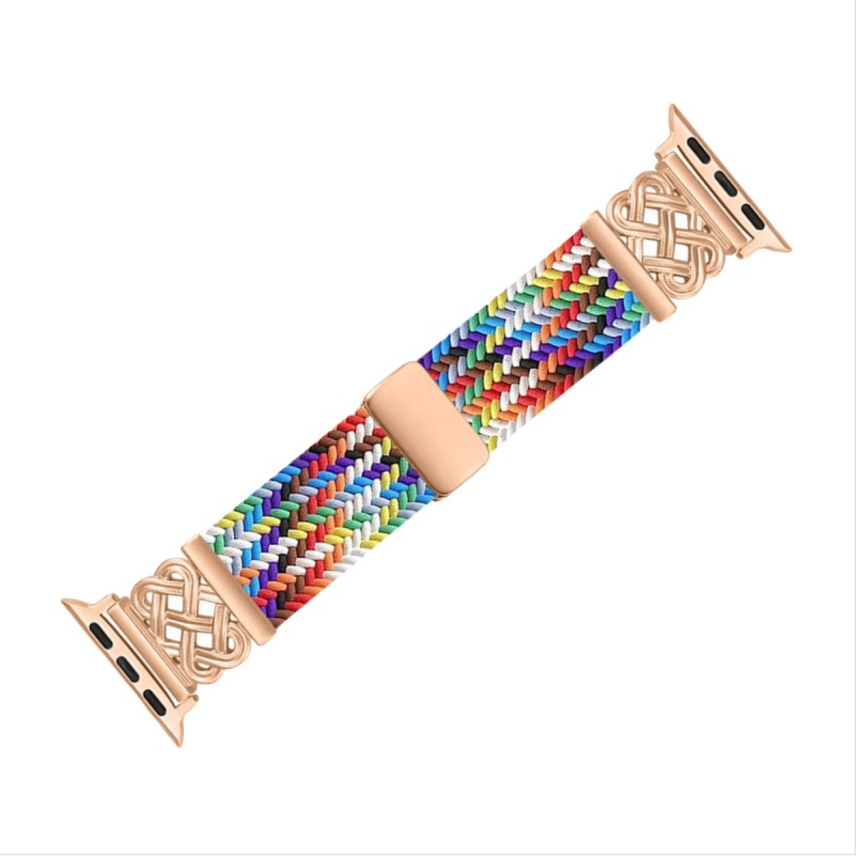 Un cinturino per Apple Watch. È color oro rosa, con un motivo intrecciato multicolore. Il cinturino è isolato.