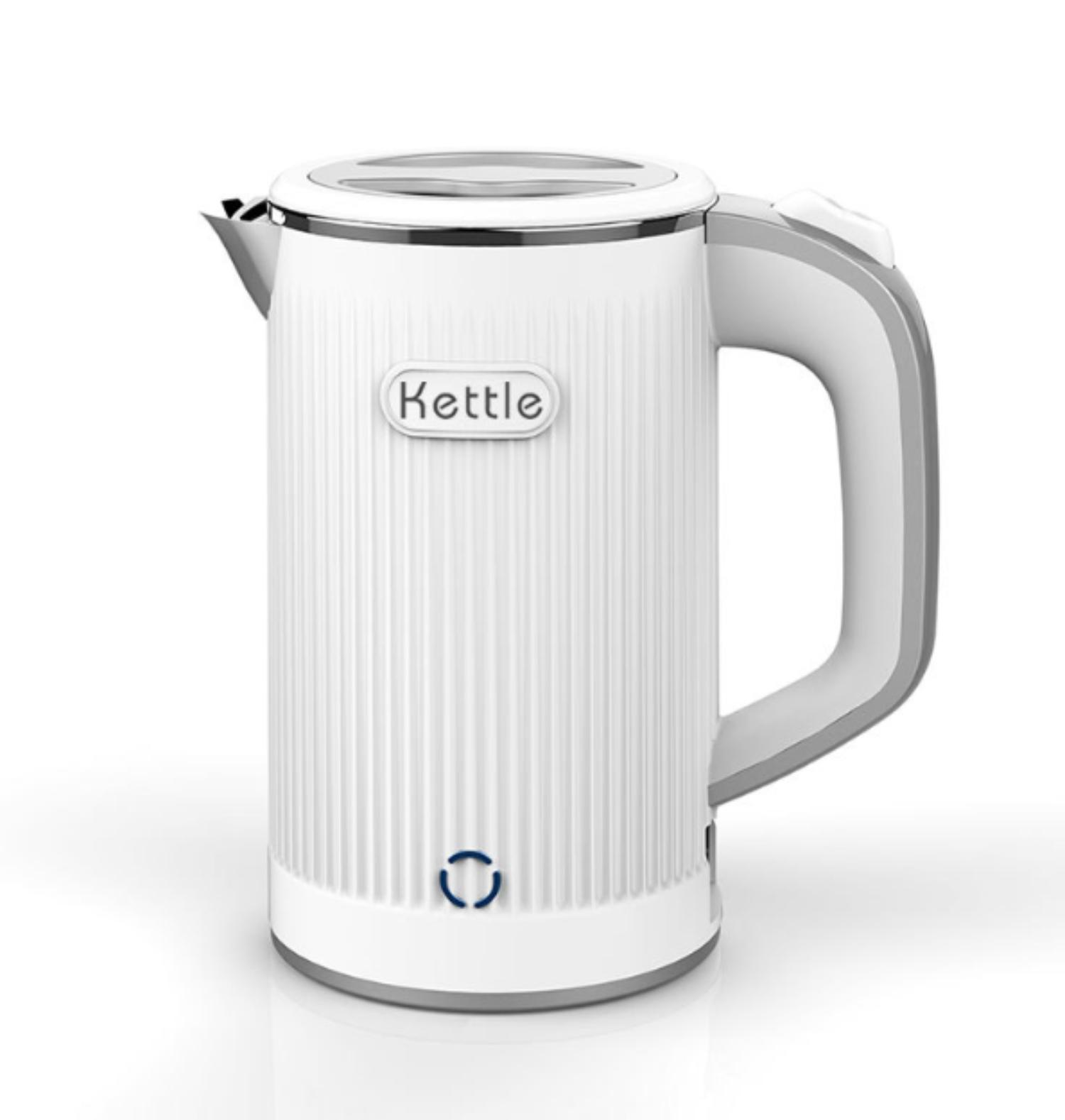 Weißer elektrischer Wasserkocher mit geripptem Design, Griff und blauem Licht am Boden, mit der Aufschrift 'Kettle'.