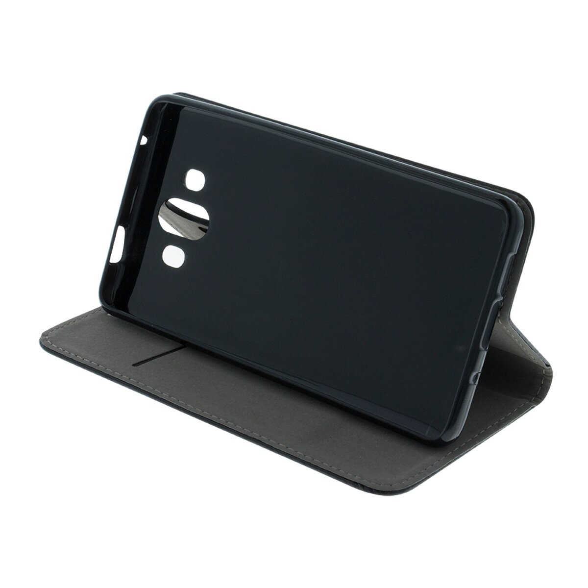 Schwarze Handyhülle, offen, zeigt ein schwarzes Telefon im Inneren, platziert auf einer dunkelgrauen, lederartigen Oberfläche.