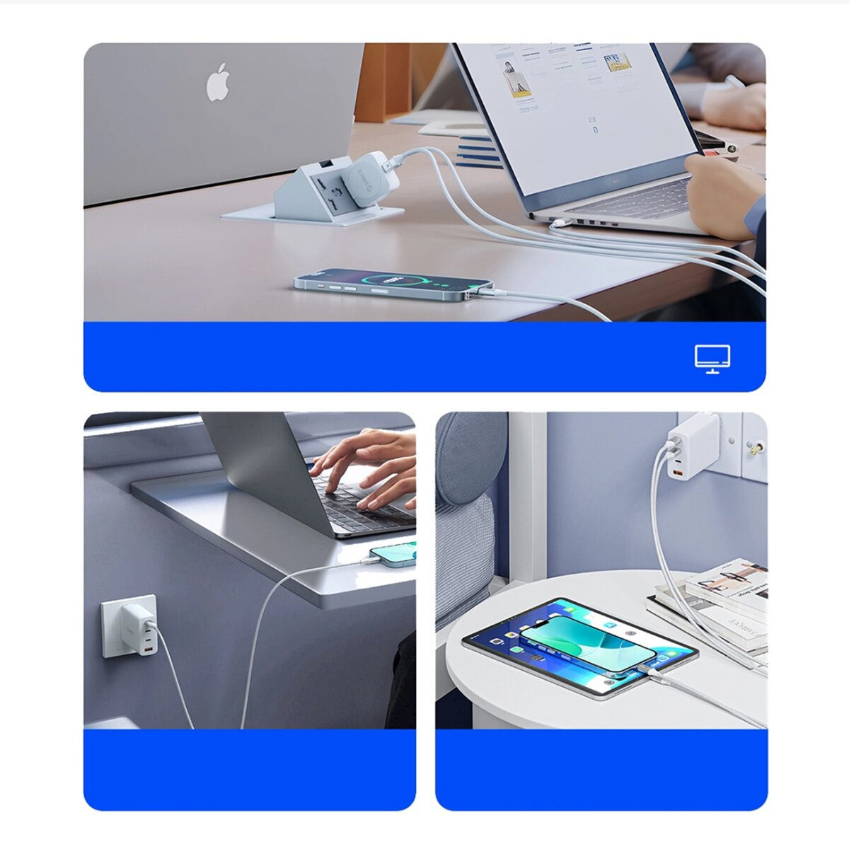 Wiele scen z urządzeniami ładującymi. Laptop, telefon i tablet są podłączone do ładowarek.