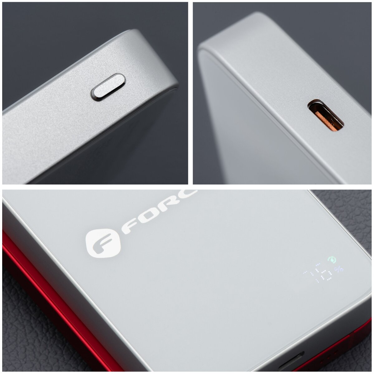 Nahaufnahmen einer silbernen Powerbank. Die Details umfassen einen Knopf, einen Anschluss und eine Ladeanzeige.