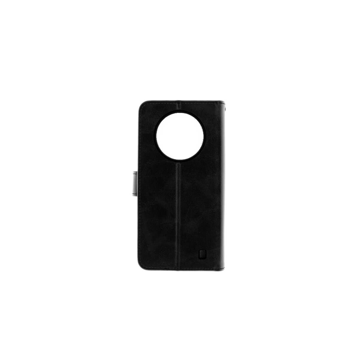 Eine schwarze Handyhülle mit einem kreisförmigen Ausschnitt für das Kameraobjektiv auf weißem Hintergrund.