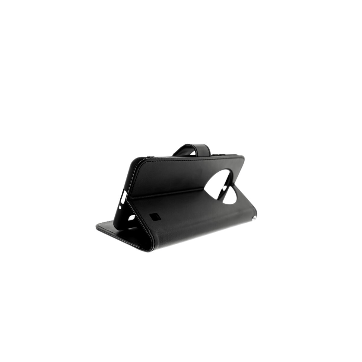 Eine schwarze Handyhülle ist aufgeklappt und zeigt ihre Standfunktion auf einem weißen Hintergrund.