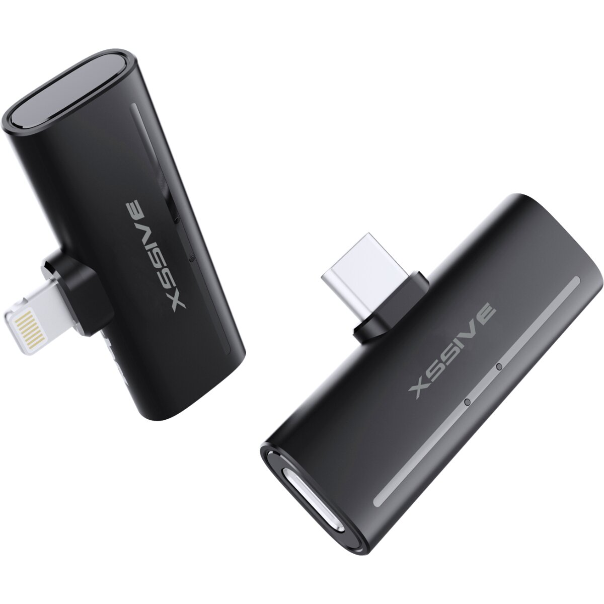 Schwarze XSSIVE-Adapter mit Lightning- und USB-C-Anschlüssen.