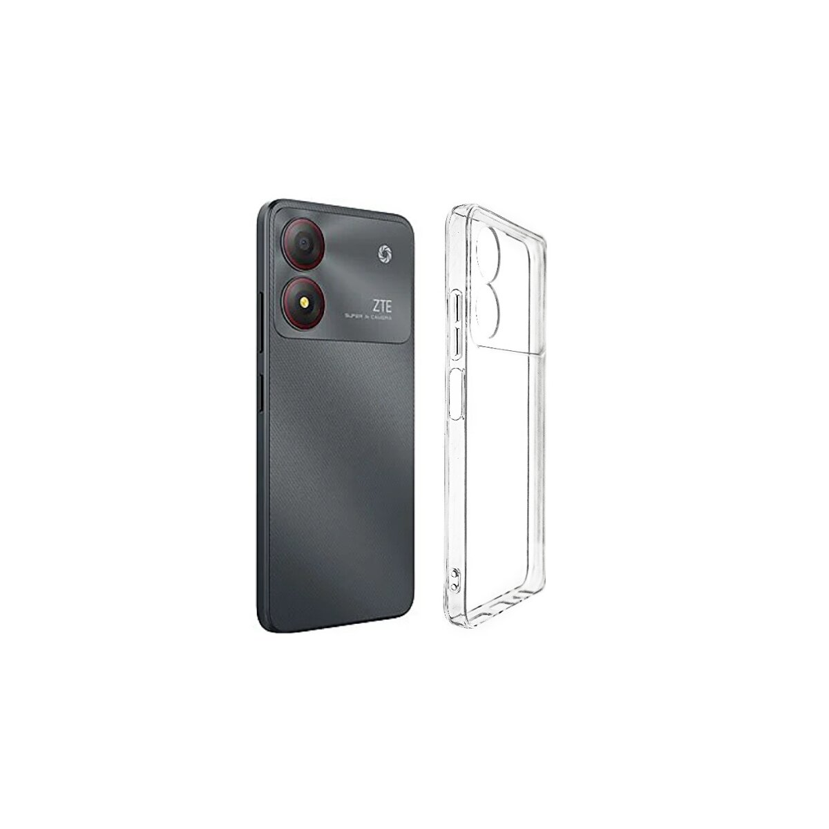 Ein dunkelgraues Telefon mit einer Hülle rechts. Das Telefon hat zwei rote Kameralinsen und ein ZTE-Logo.