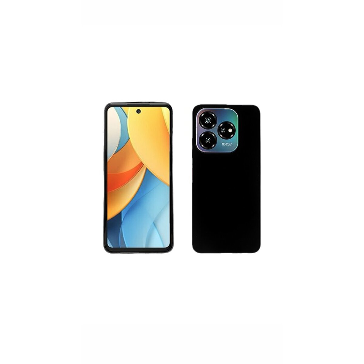 Ein schwarzes Telefon und eine schwarze Handyhülle. Das Telefon hat einen Bildschirm und Kameralinsen.