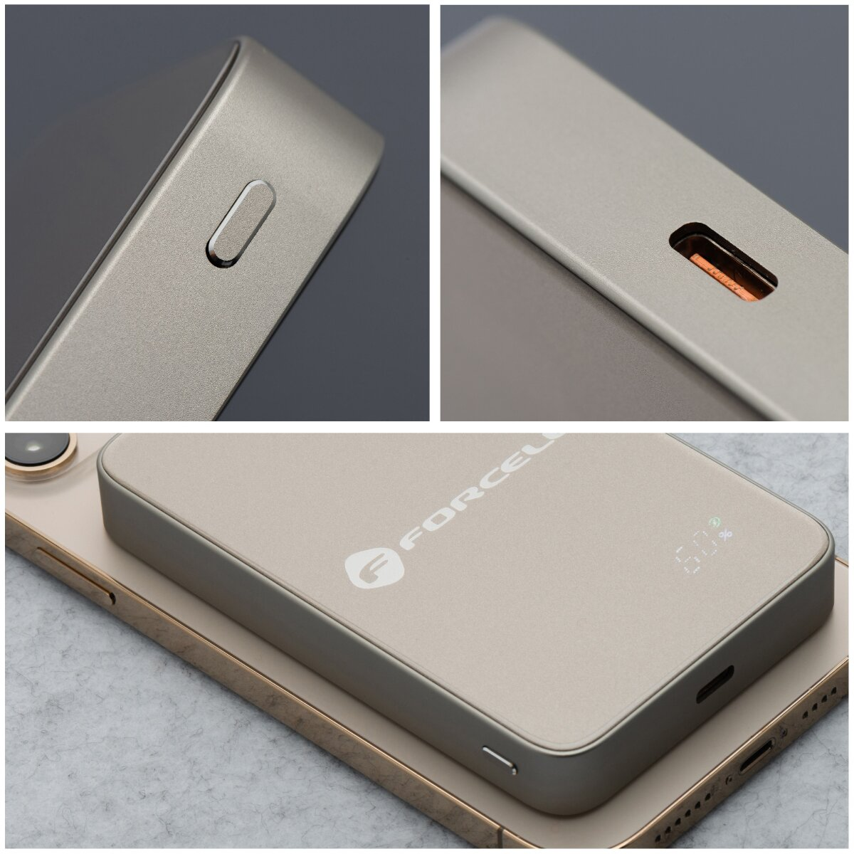 Eine Sammlung von Bildern, Powerbank-Details. Zeigt eine silberne Powerbank mit Knopf, USB-C-Anschluss und Display.