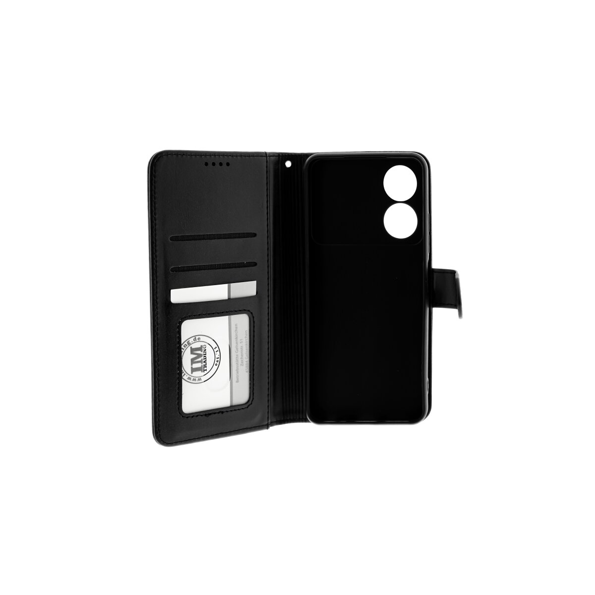Schwarze Leder-Handyhülle, offen, mit Kartenfächern und sichtbarem Telefon. Weißer Hintergrund.