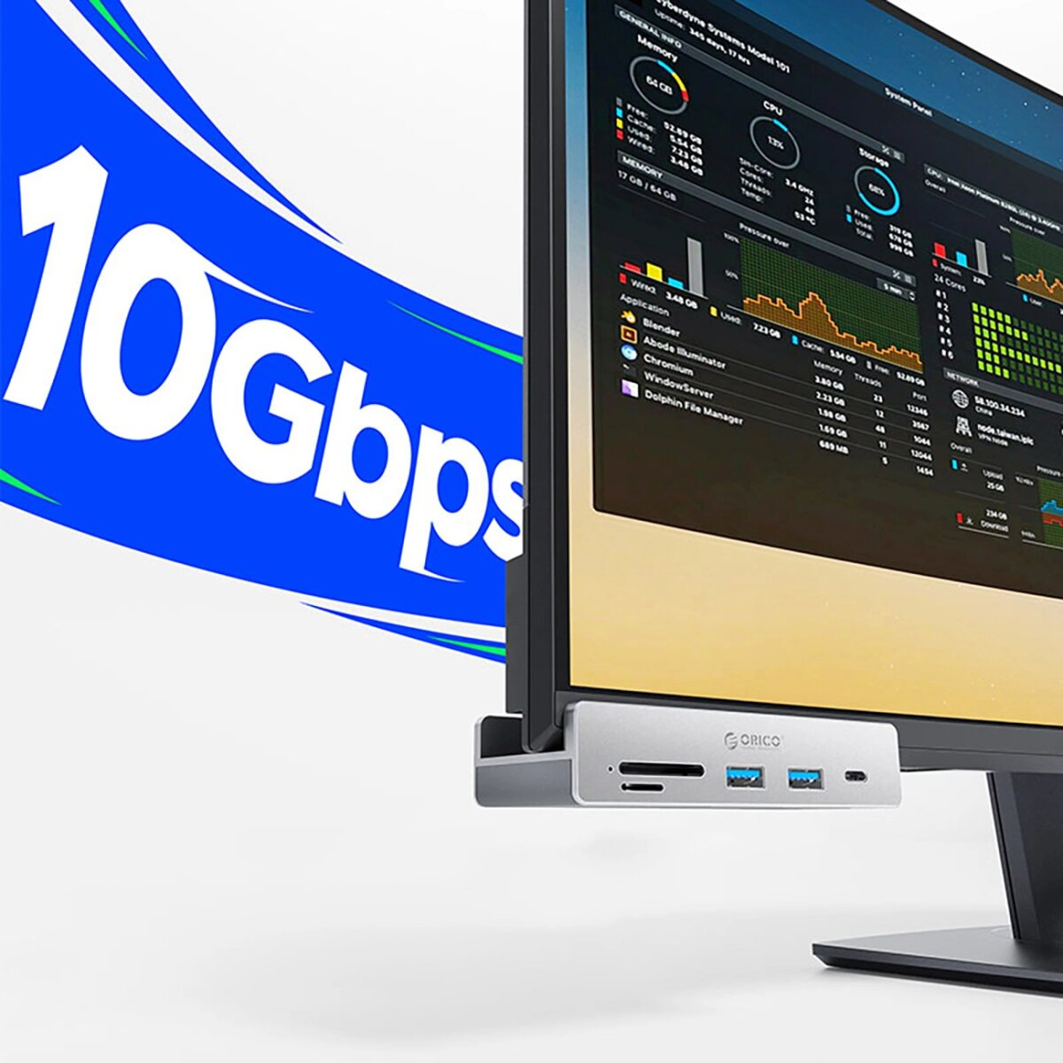 Stacja dokująca z portami USB, gniazdem kart SD, podłączona do monitora z wyświetlaczem danych.