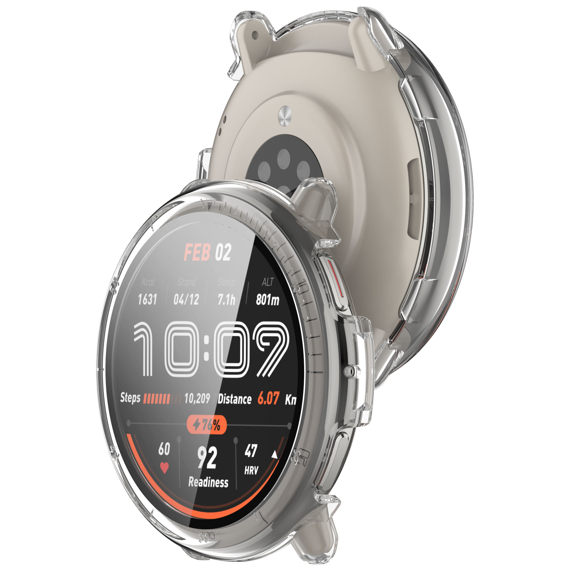 Smartwatch con una funda protectora transparente. El reloj muestra pasos, tiempo y datos de preparación.