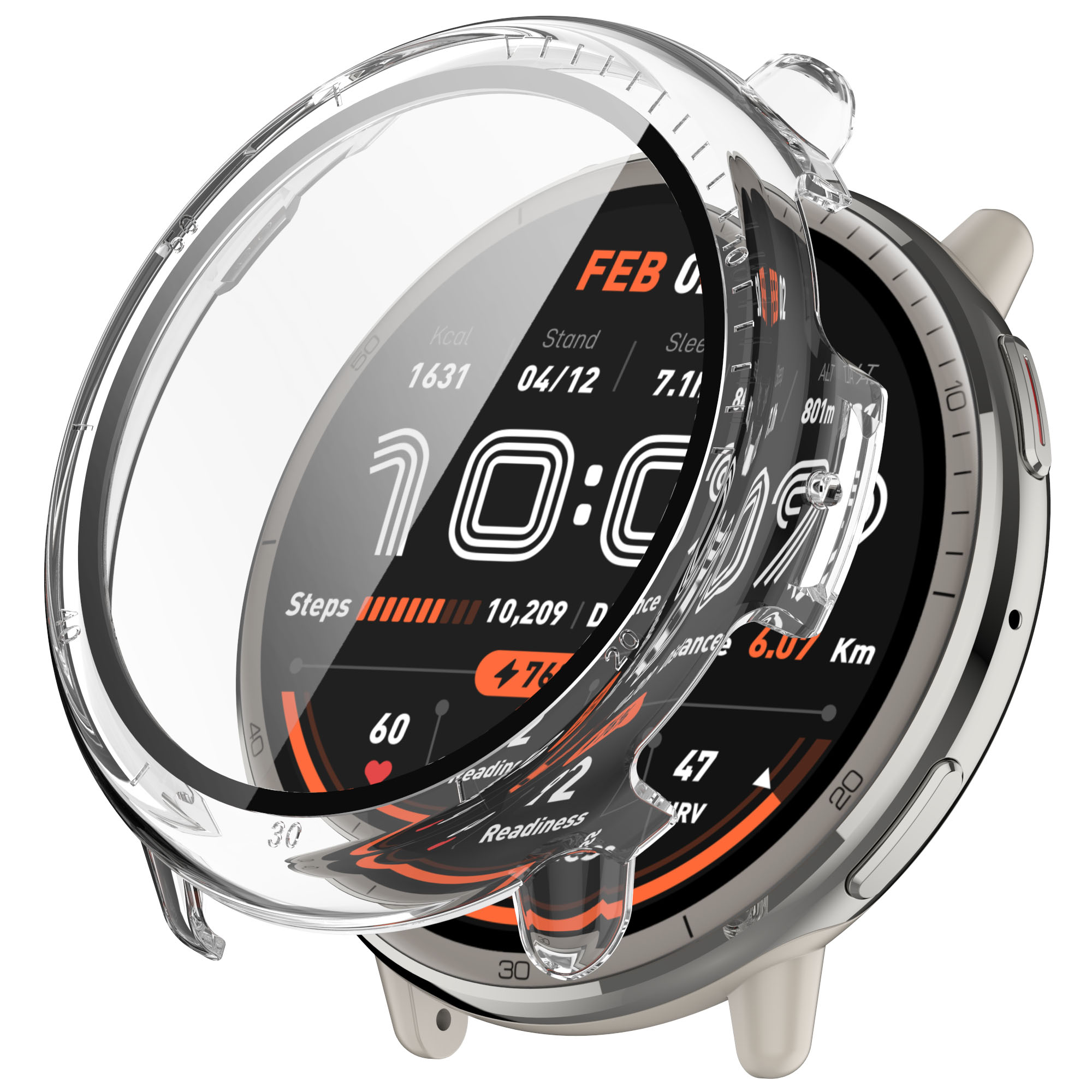 Un reloj inteligente con una cubierta transparente. Muestra la hora, pasos y datos de actividad.