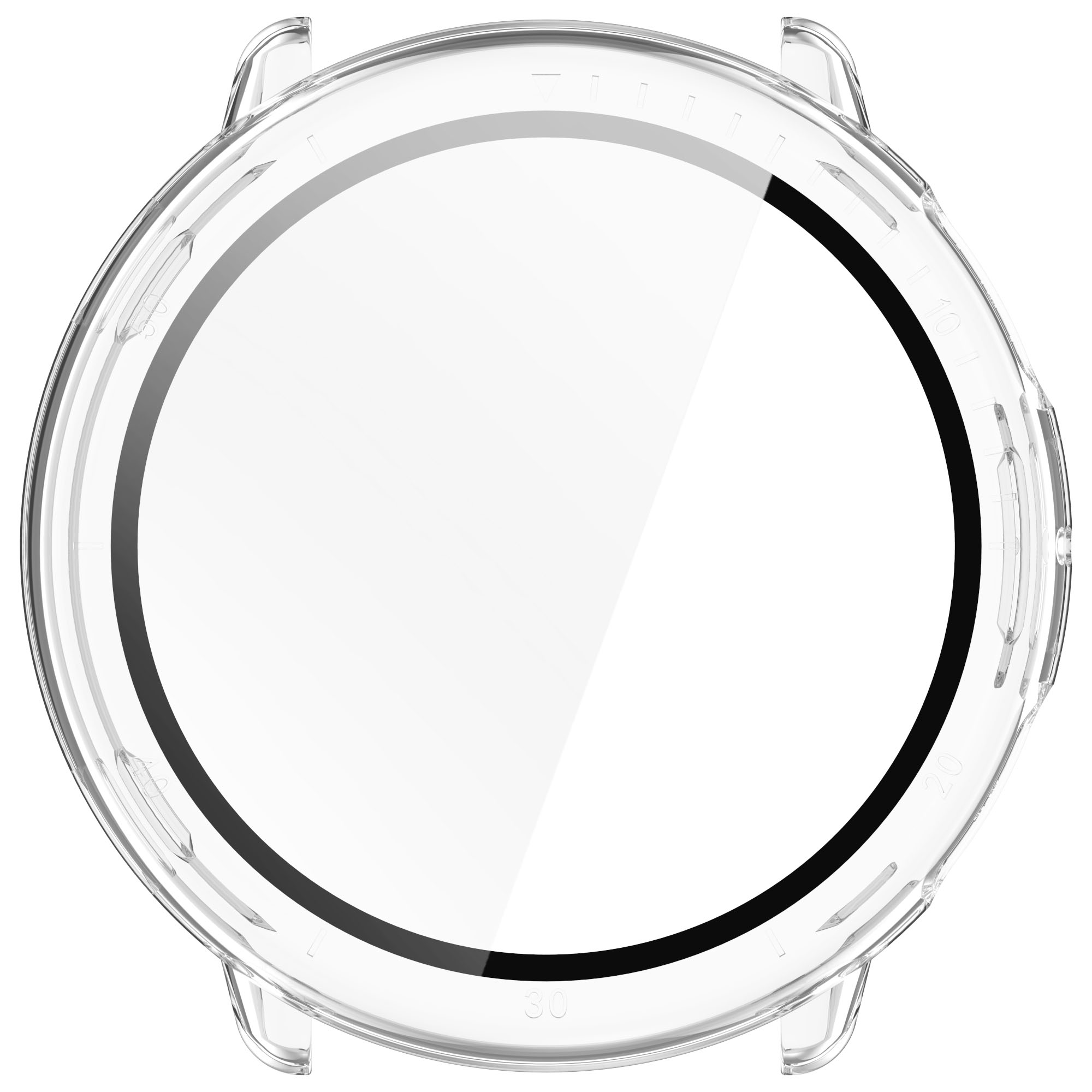 Carcasa transparente para reloj, circular, con anillo negro y pantalla transparente. Aislada.