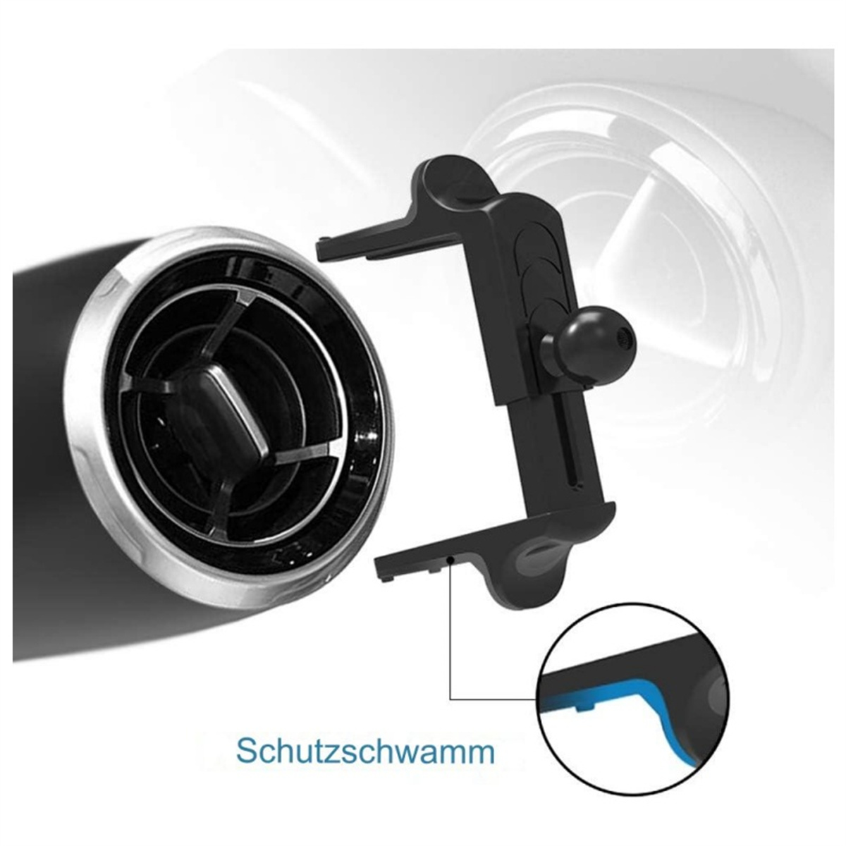 Schwarzer Handyhalter für die Lüftung neben der Lüftung. Der Halter hat ein Kugelgelenk.