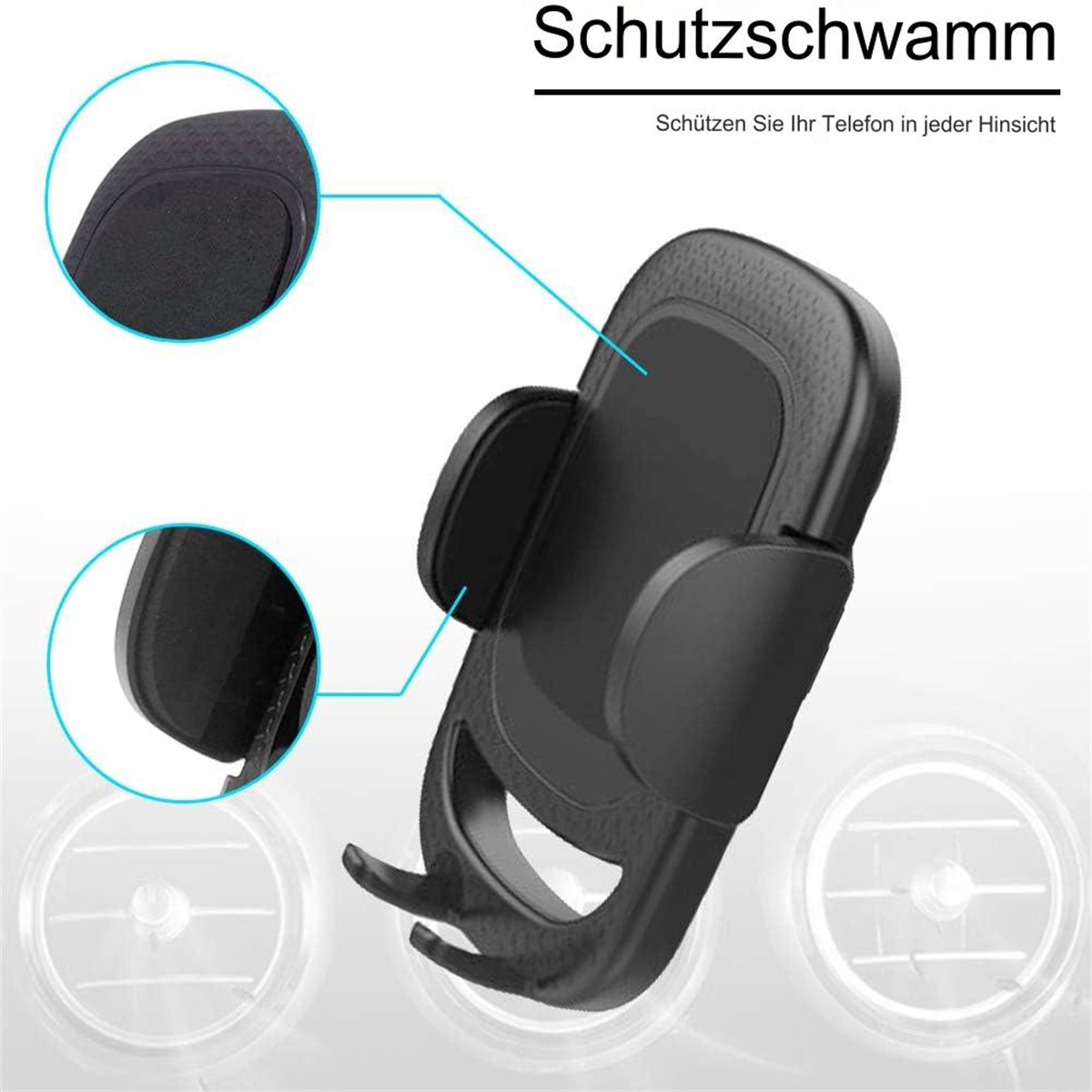 Schwarzer Handyhalter für die Autolüftung mit Nahaufnahme des Halters.