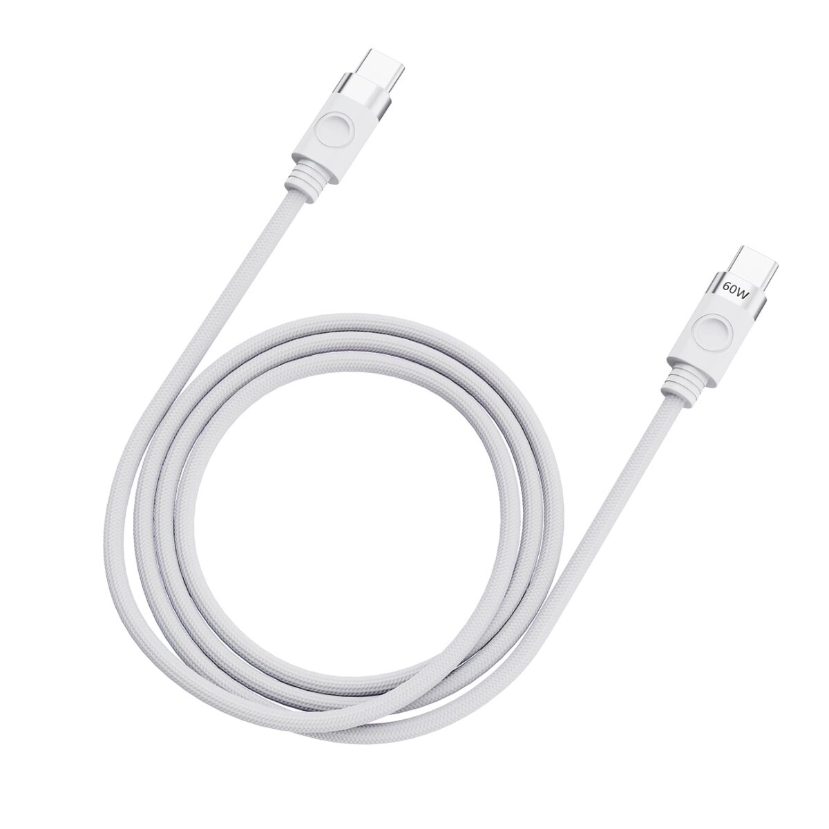 Ein weißes USB-C-Ladekabel mit zwei Steckern, beschriftet mit 60W, auf weißem Grund.