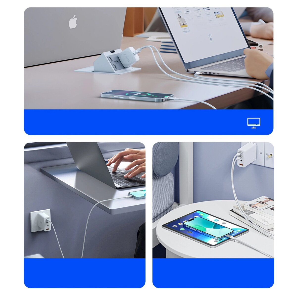 Ein Mehrfachladegerät mit Telefon und Laptops. Enthält Nahaufnahmen von Geräten.