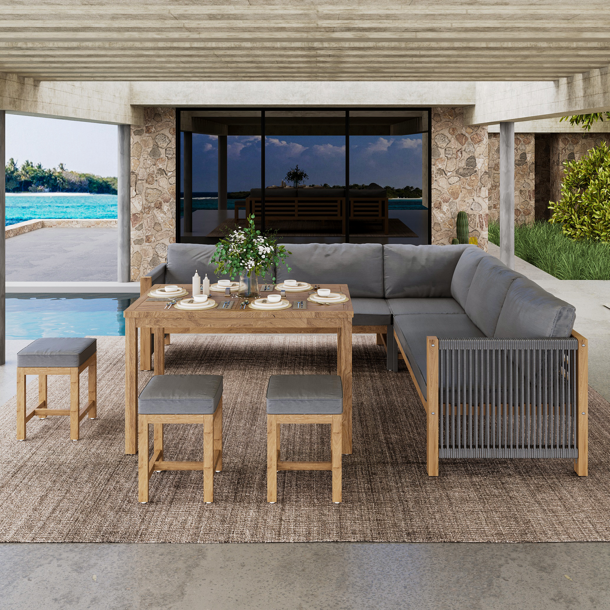 Essgruppe im Freien mit Tisch, Stühlen und Sofa. Die Szene umfasst Pool und Grün.