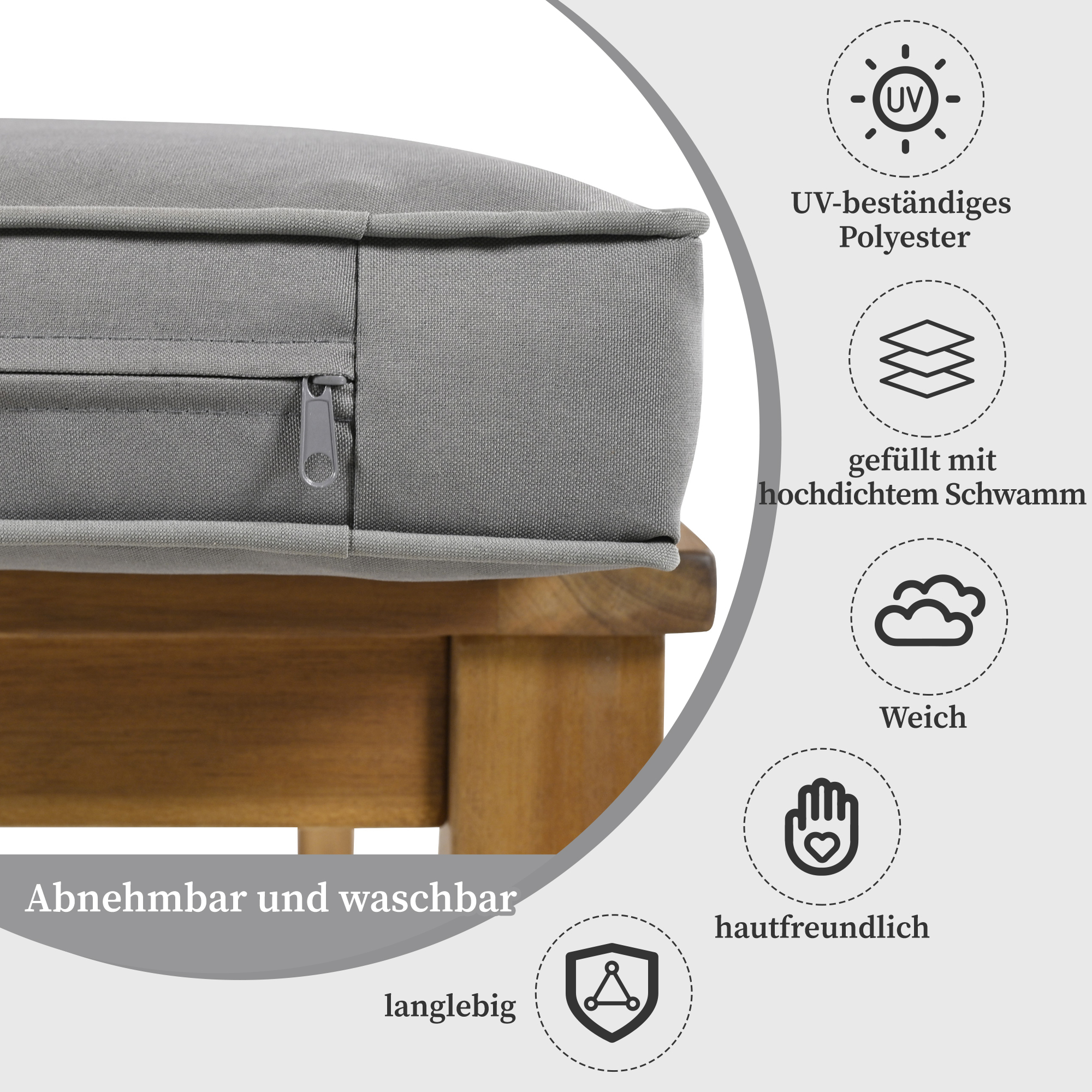 Nahaufnahme eines grauen Outdoor-Kissens mit Textlabels, die UV-Schutz und andere Merkmale hervorheben.