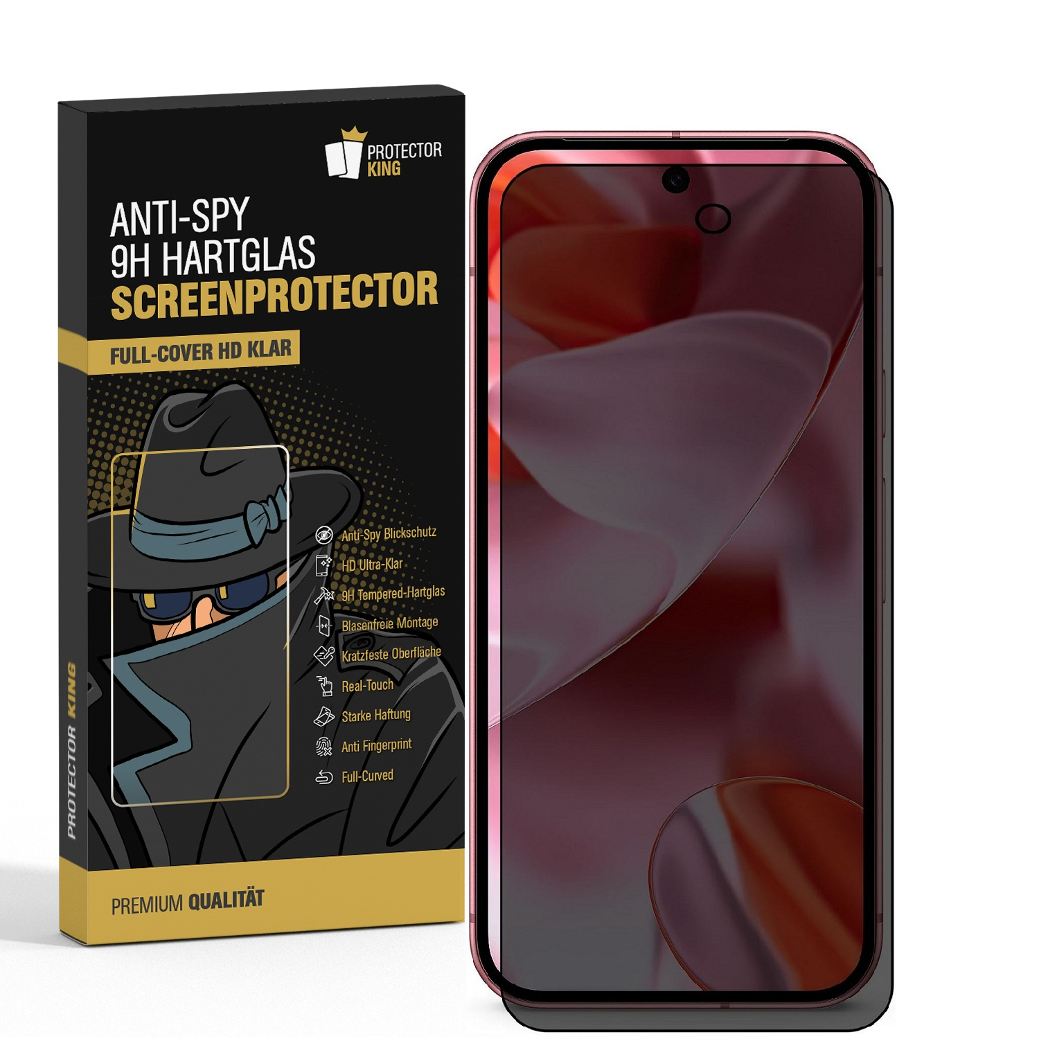 Verpackung eines Telefons und Displayschutzfolie. Der Schutz ist schwarz mit rosa Rand und Anti-Spionage-Funktionen.