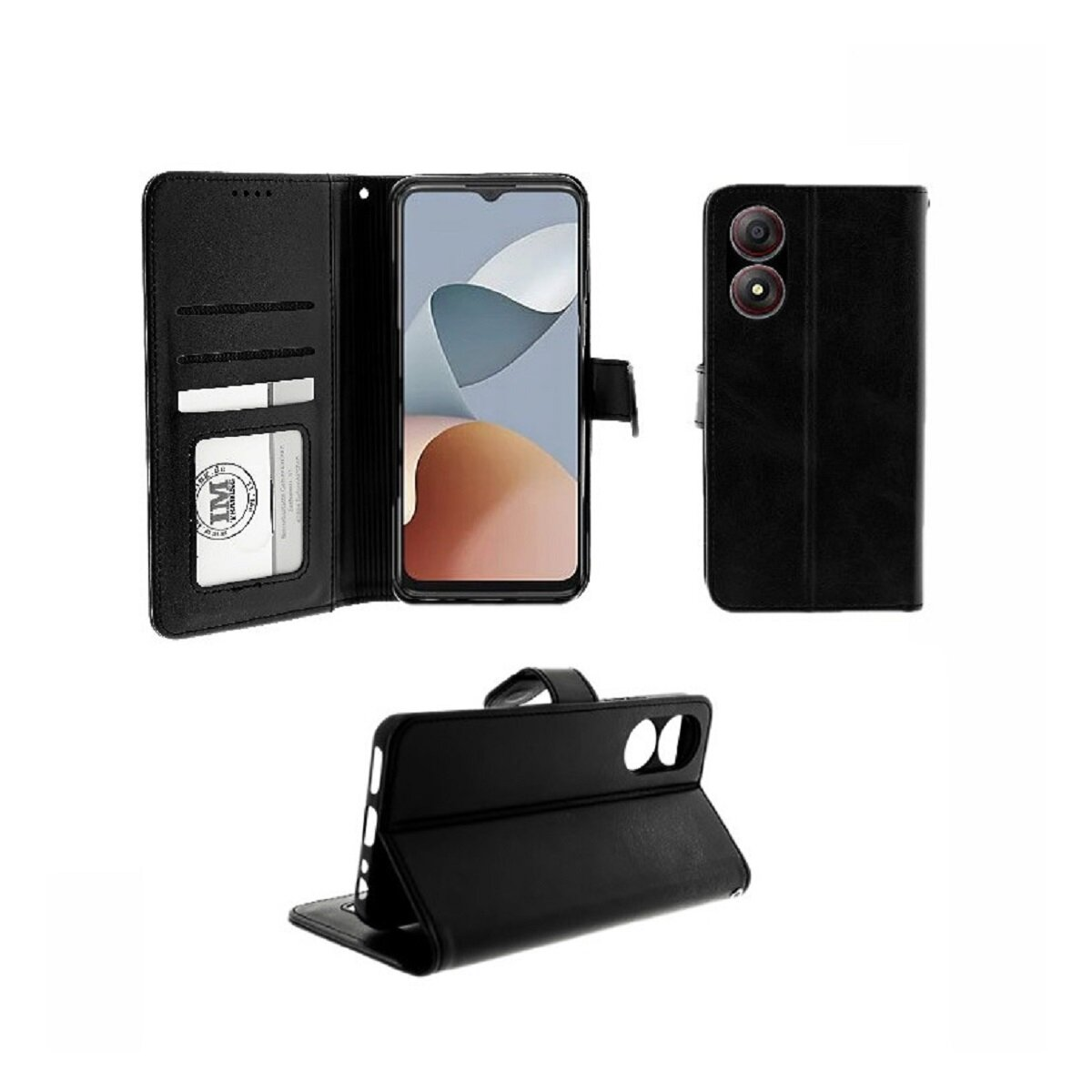 Eine schwarze Handyhülle, offen, mit einem Telefon darin. Zeigt das Telefon in der Hülle und den Geldbörsenbereich.