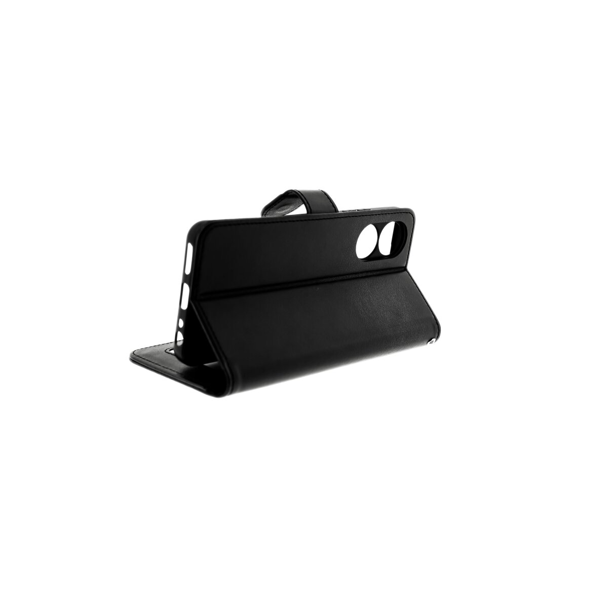 Eine schwarze Handyhülle, aufgeklappt, auf weißem Hintergrund. Zeigt die Innenseite der Hülle.