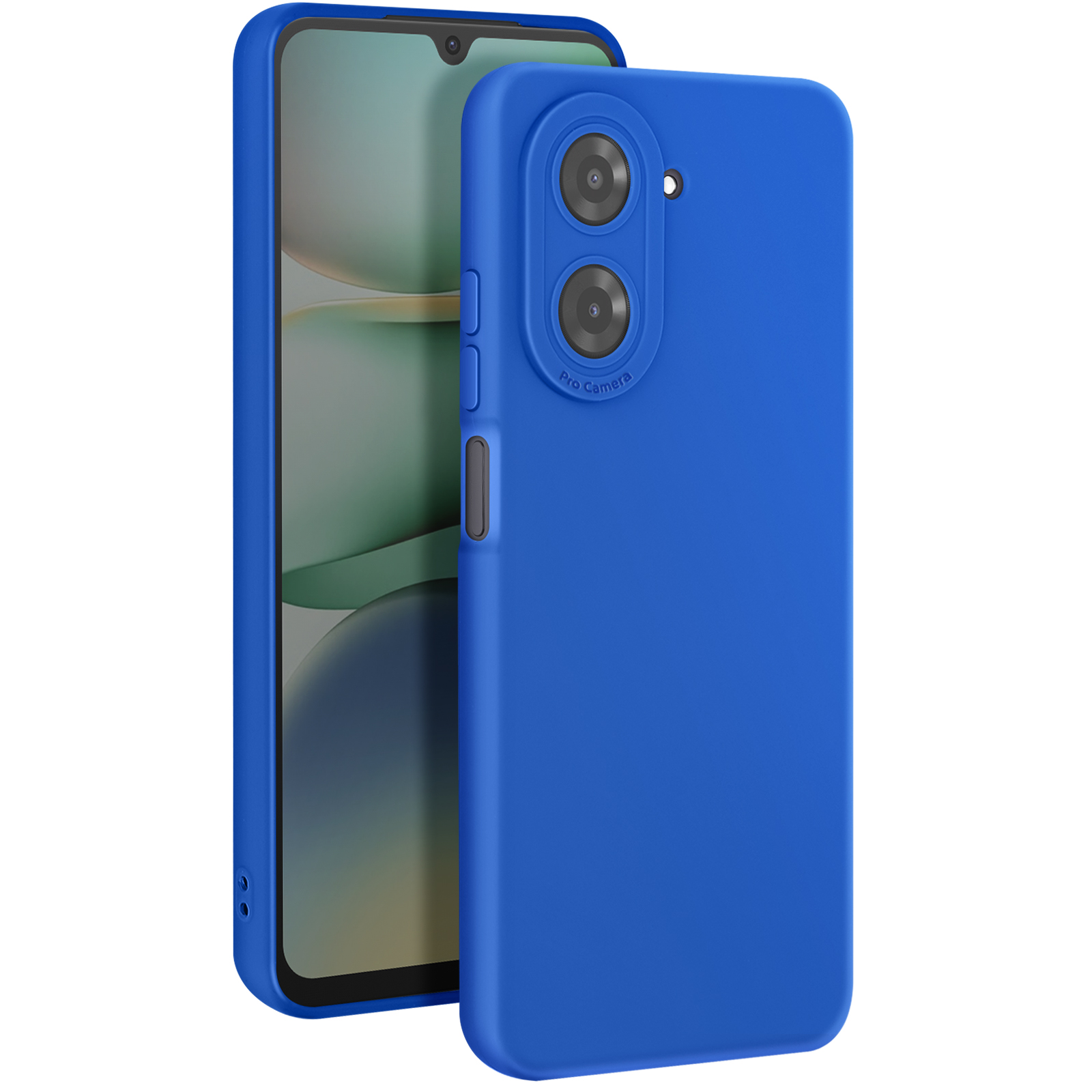 Coque de téléphone bleue avec deux découpes pour caméra. Un téléphone est partiellement inséré, montrant son écran.