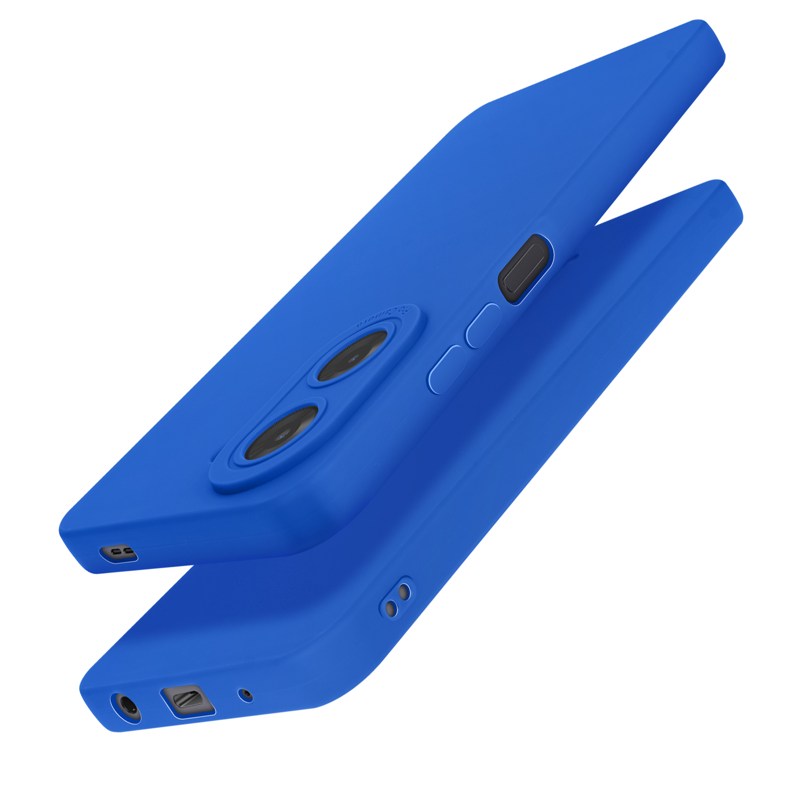 Deux coques de téléphone bleues, l'une légèrement au-dessus de l'autre, montrant les découpes de caméra et les boutons.