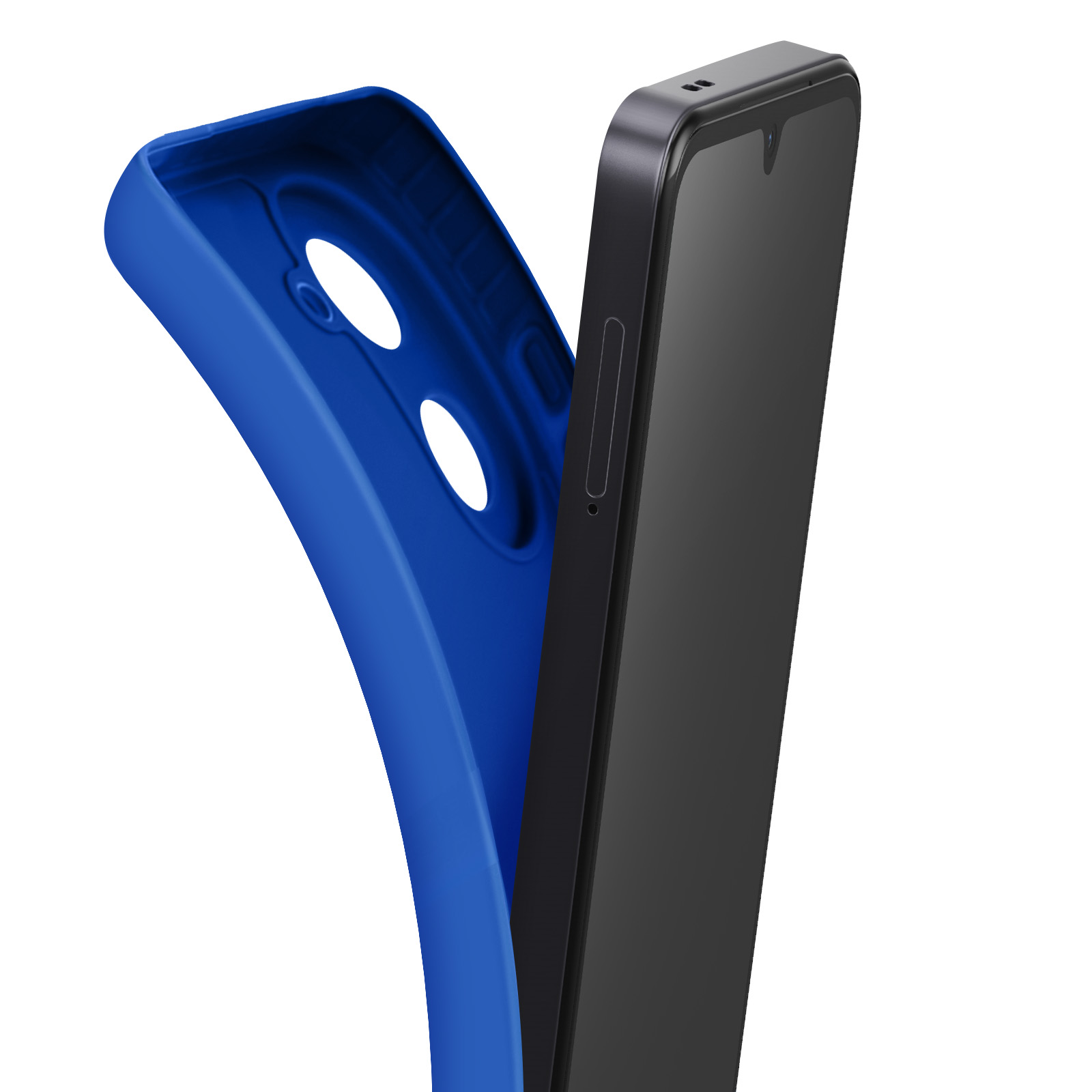 Un téléphone et une coque de téléphone bleue, montrant un écran et des découpes pour la caméra. Le téléphone est partiellement inséré.