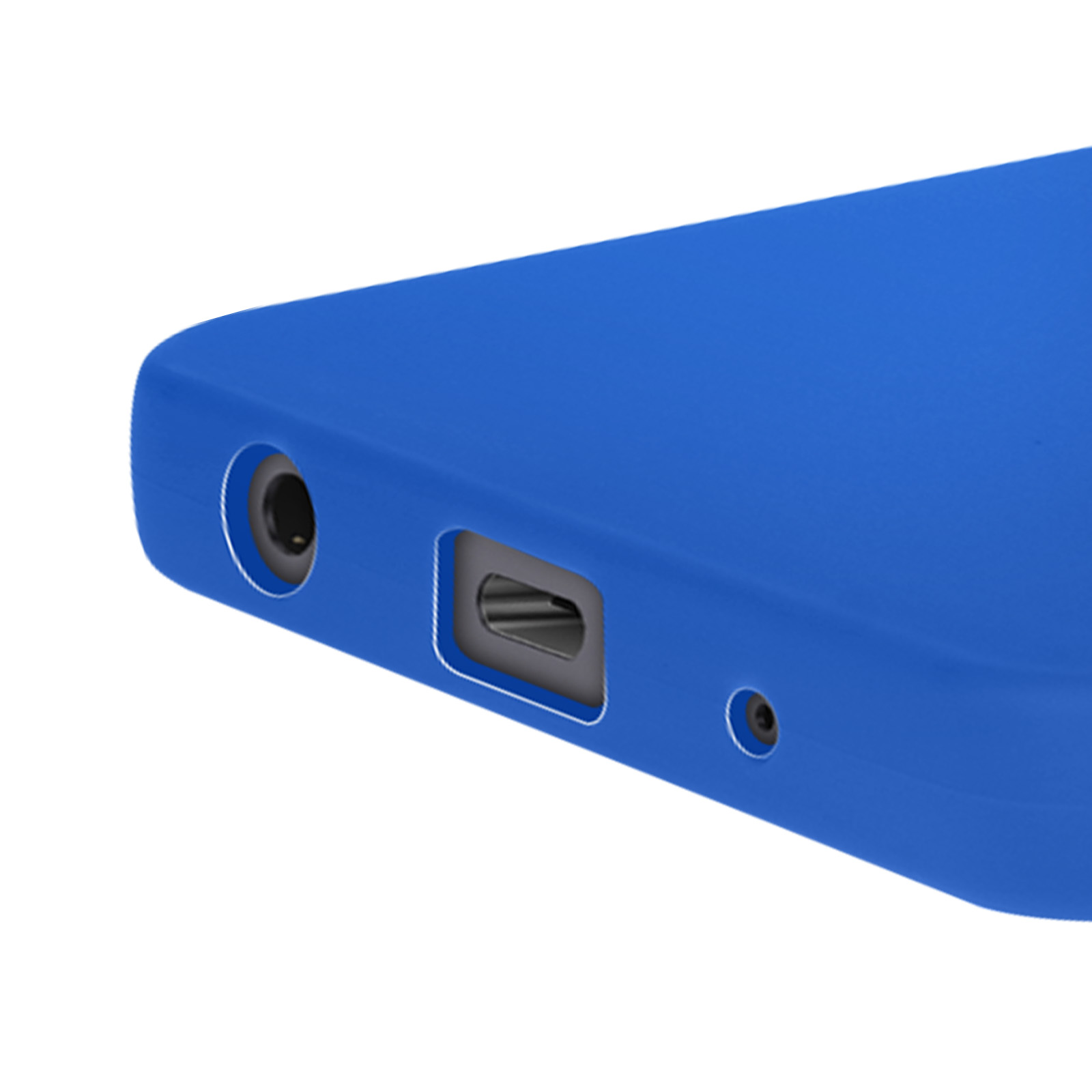Gros plan du bas d'une coque de téléphone bleue. Montre les ports de chargement et casque, avec un petit haut-parleur.