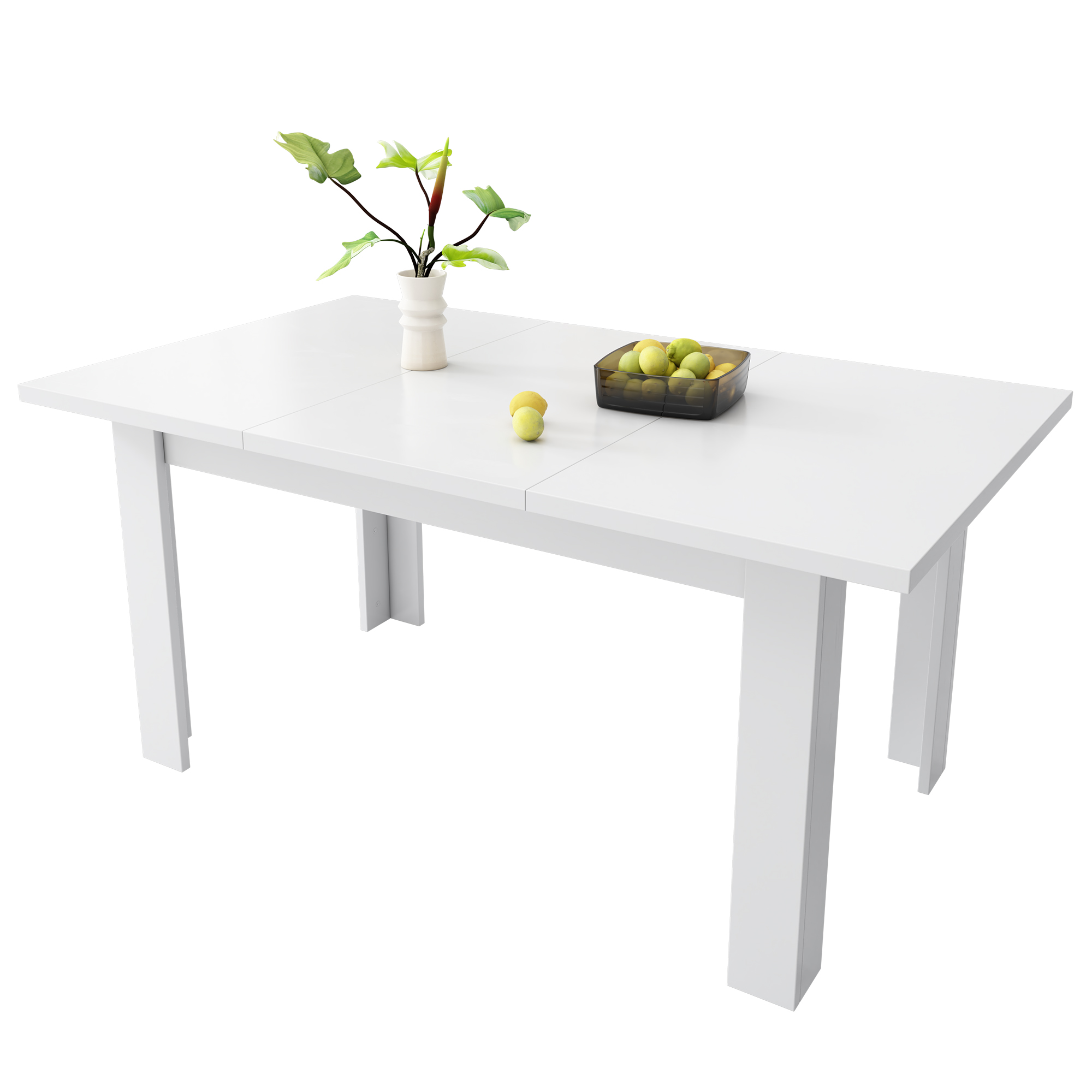 Ein weißer Tisch mit einer Vase mit Grünzeug und einer Schale mit grünen Äpfeln. Der Tisch steht auf weißem Grund.