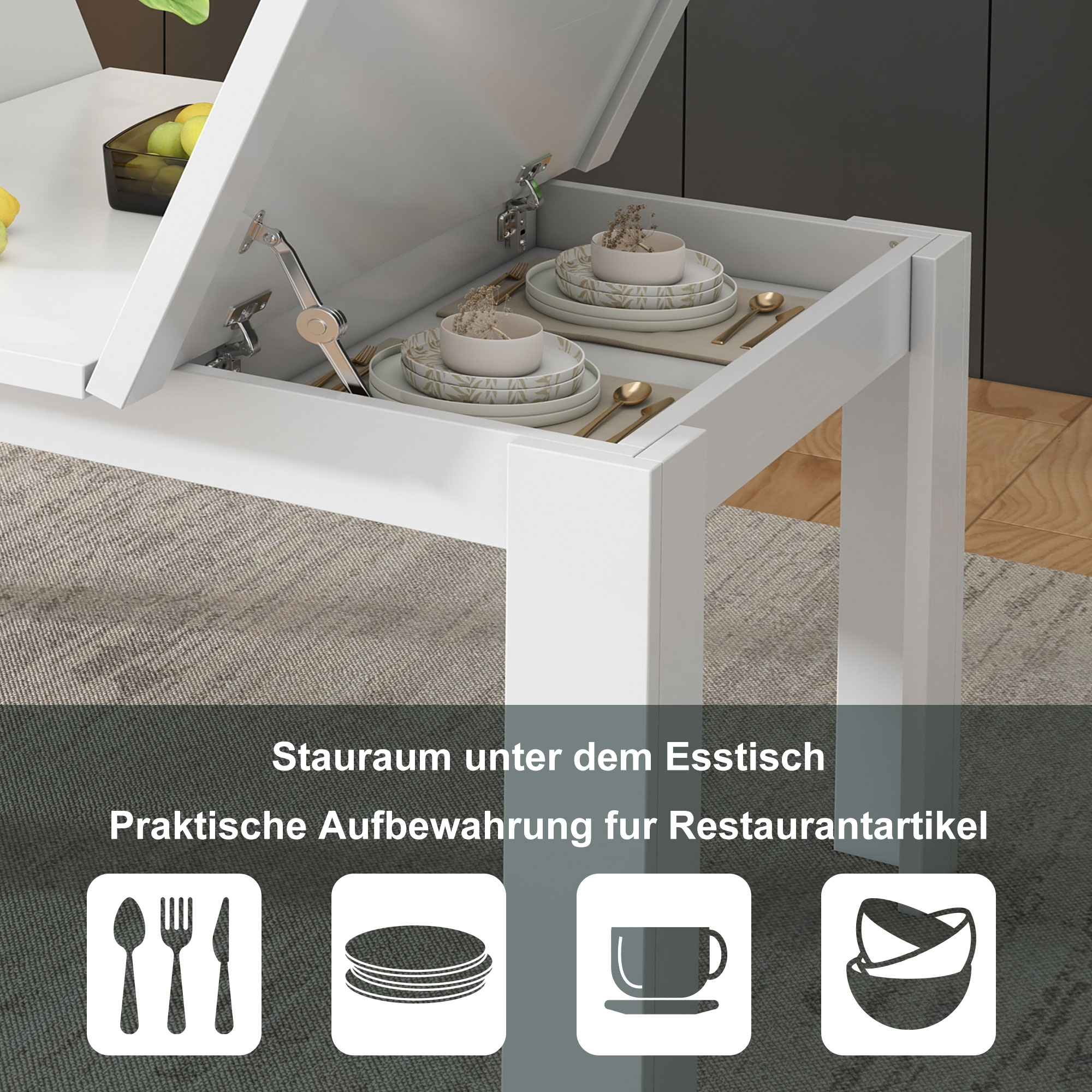 Ein weißer Tisch hat ein offenes Fach mit Geschirr. Text und Symbole zur Restaurantaufbewahrung sind vorhanden.