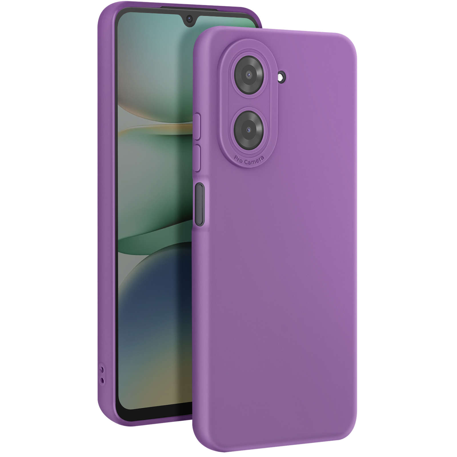 Paarse telefoonhoes met twee cameralenzen. Een telefoon is gedeeltelijk geplaatst.