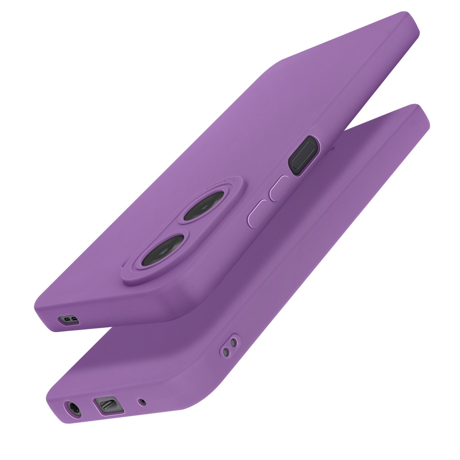 Twee paarse telefoonhoesjes. Eén met camera-uitsparingen en een andere, licht gedraaide.
