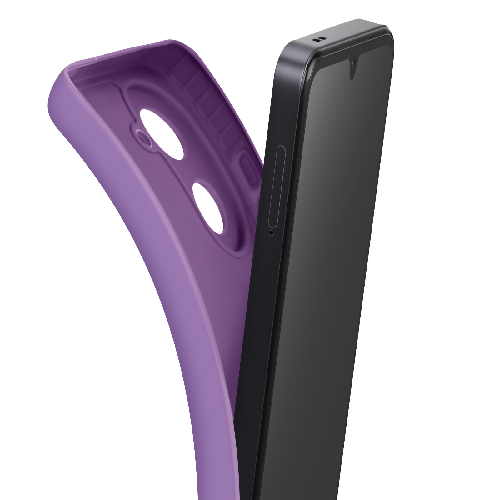 Paarse telefoonhoes met een zwarte smartphone. De hoes is open en toont de binnenkant.